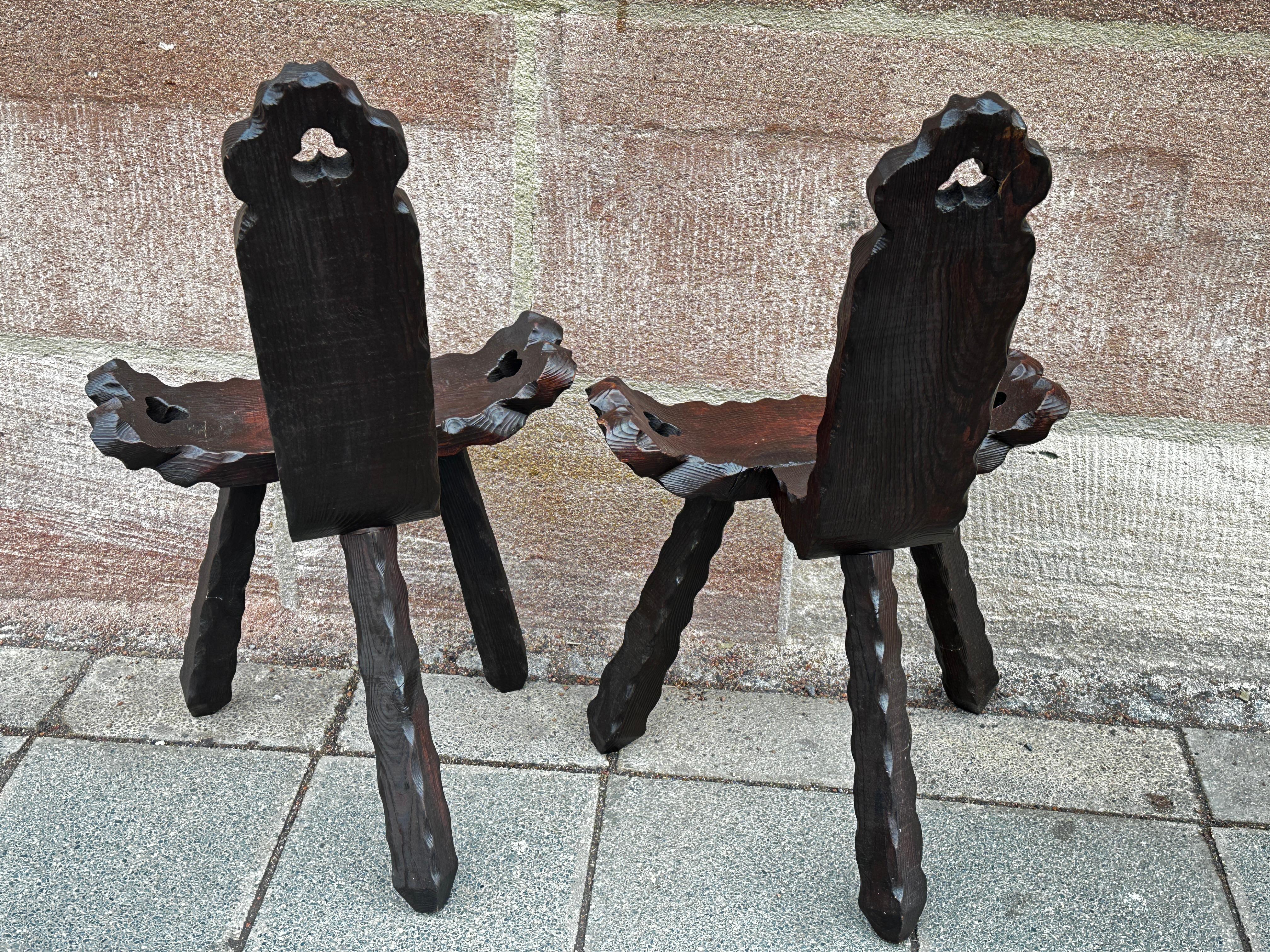 Folk Art Pair of Mid-Century Modern Brutalist Sculptural Wood Tripod Chair, Spain Vintage For Sale