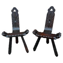 Pair of Mid-Century Modern Brutalist Sculptural Wood Tripod Chair, Spain Vintage