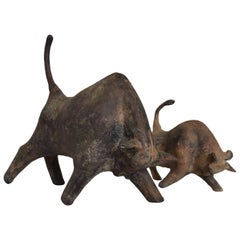 Pair of Mid-Century Modern Bull Table Sculptures, Iron, Japan