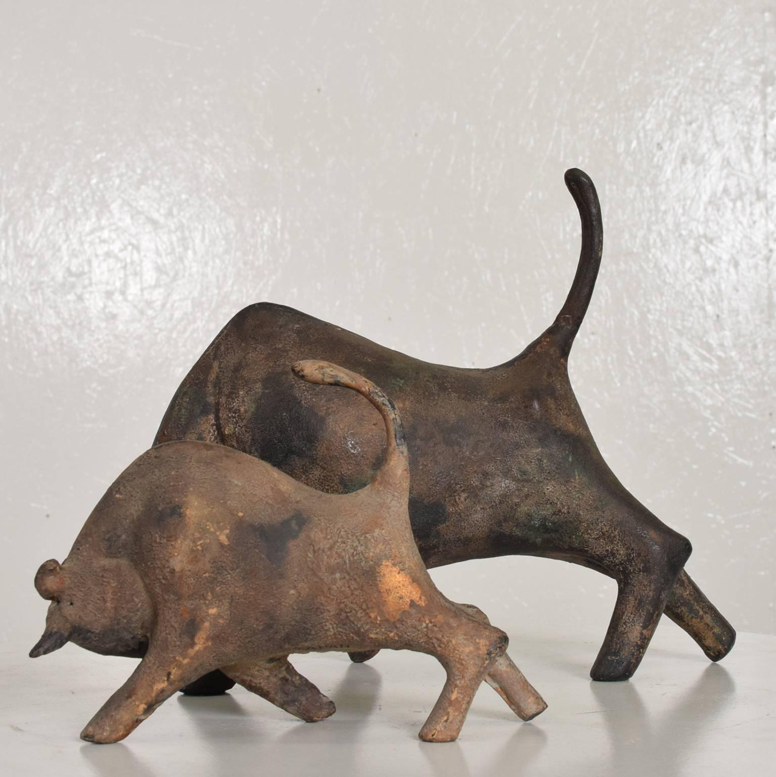 Patinated Pair of Mid-Century Modern Bull Table Sculptures, Iron, Japan
