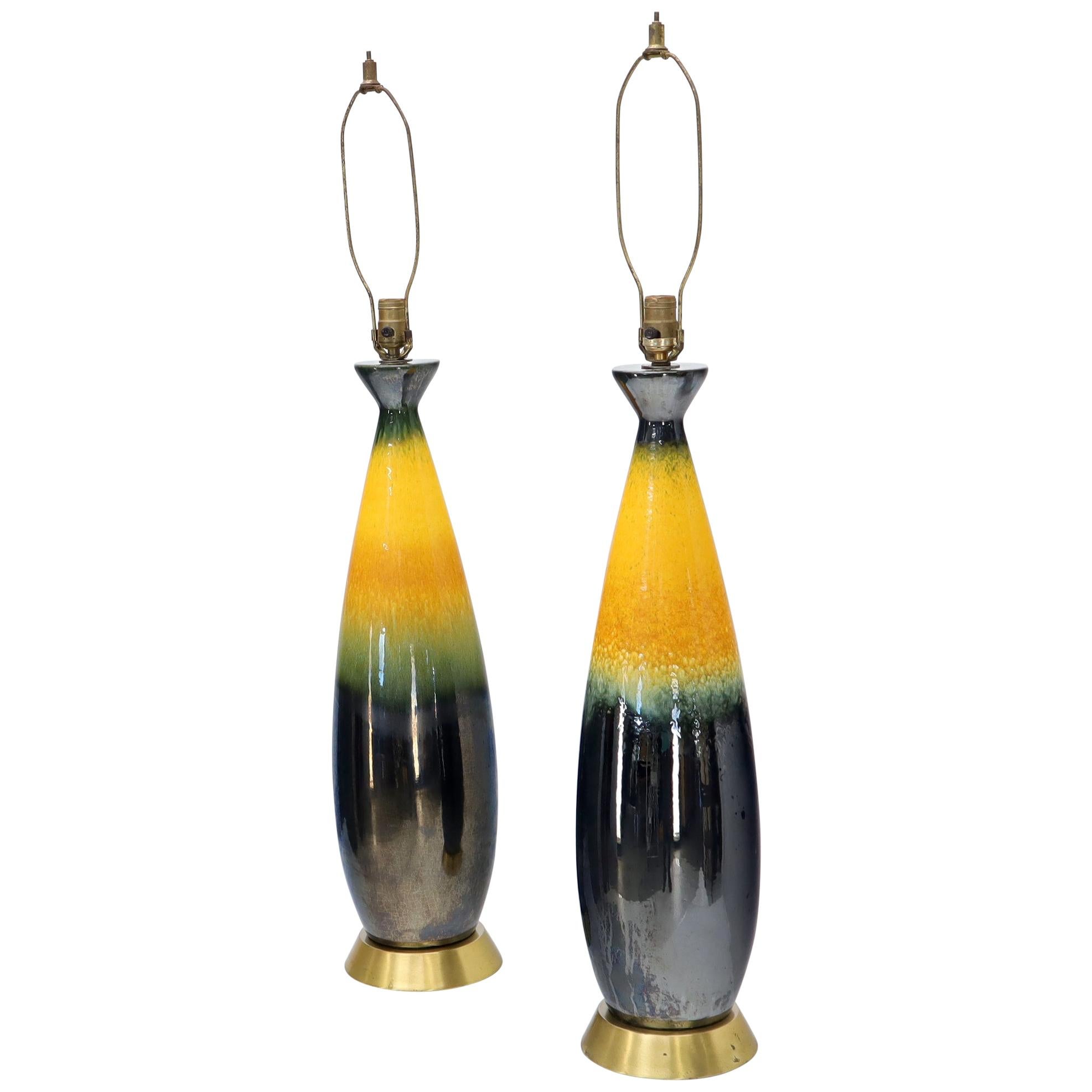 Pair of Mid-Century Modern Bullet Shape Glazed Pottery Table Lamps