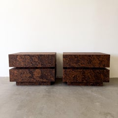 Pair of Mid-Century Modern Burl Veneer Night Cabinets, 1970s