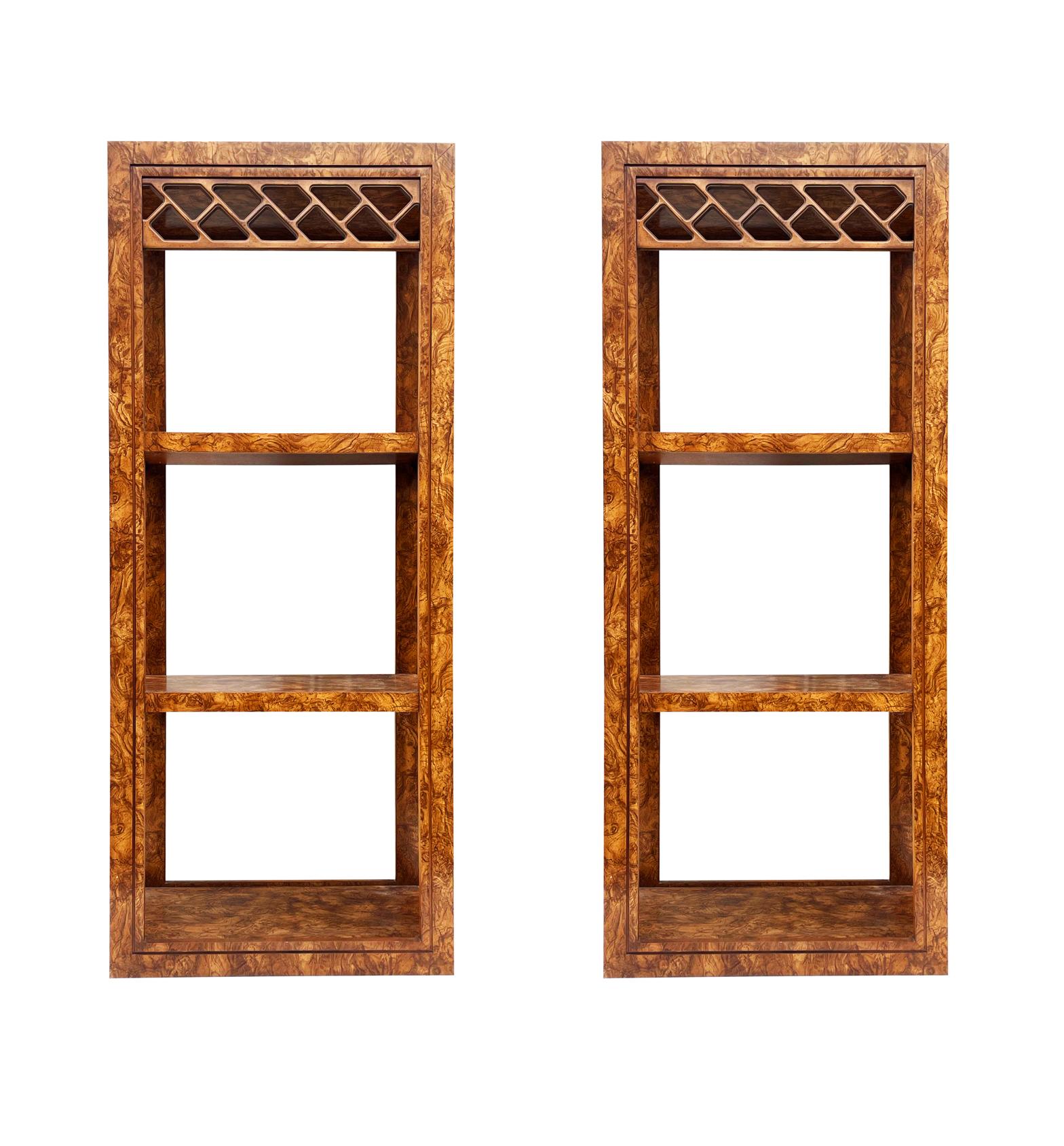 Mid-Century Modern Pair of Mid Century Modern Burl Wood Etageres, Wall Unit or Book Shelves For Sale