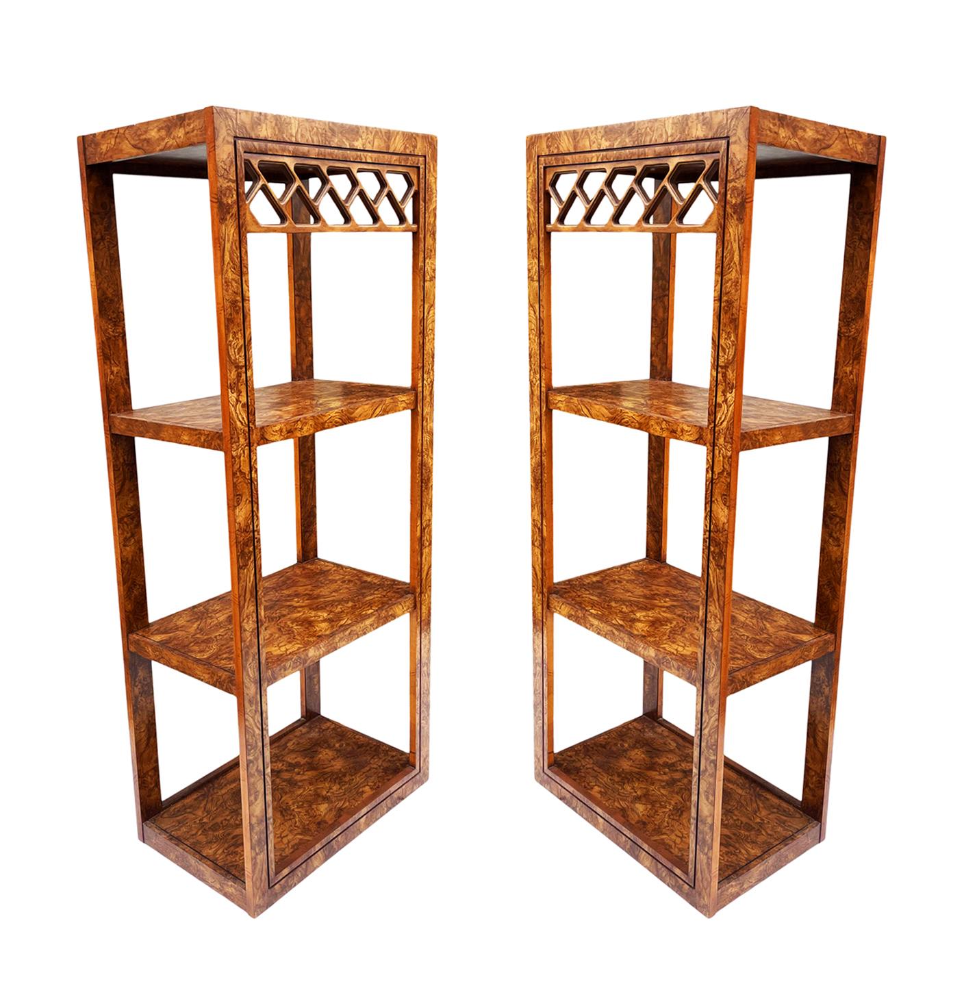 American Pair of Mid Century Modern Burl Wood Etageres, Wall Unit or Book Shelves For Sale