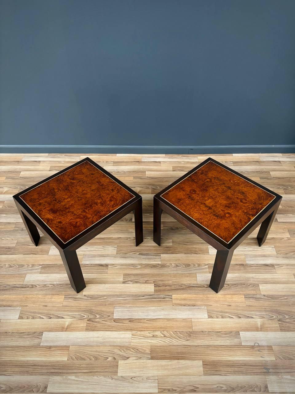 American Pair of Mid-Century Modern Burl Wood Side Tables For Sale