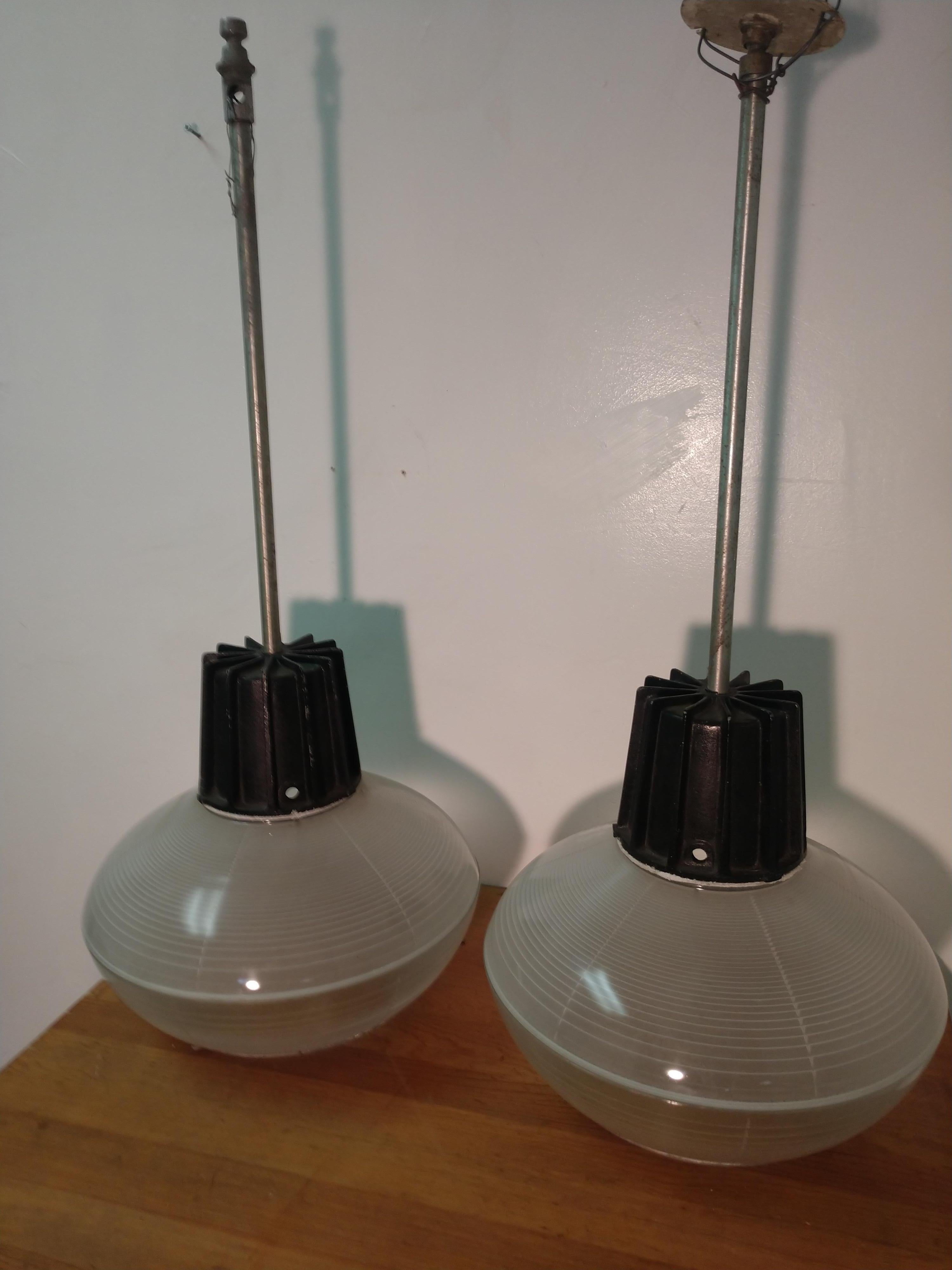 Pair of Mid-Century Modern C1955 Holophane Industrial Lamps In Good Condition For Sale In Port Jervis, NY