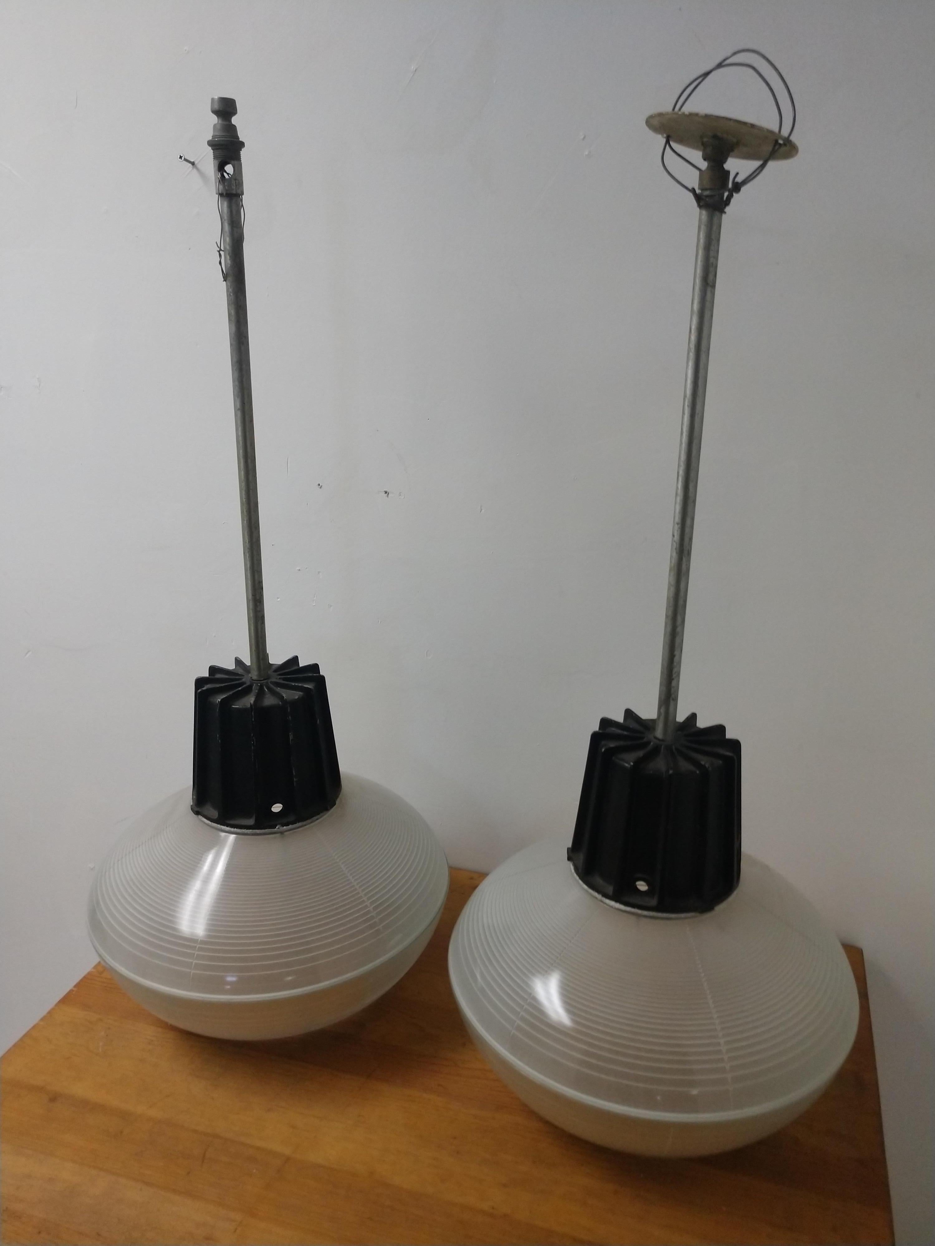 Mid-20th Century Pair of Mid-Century Modern C1955 Holophane Industrial Lamps For Sale