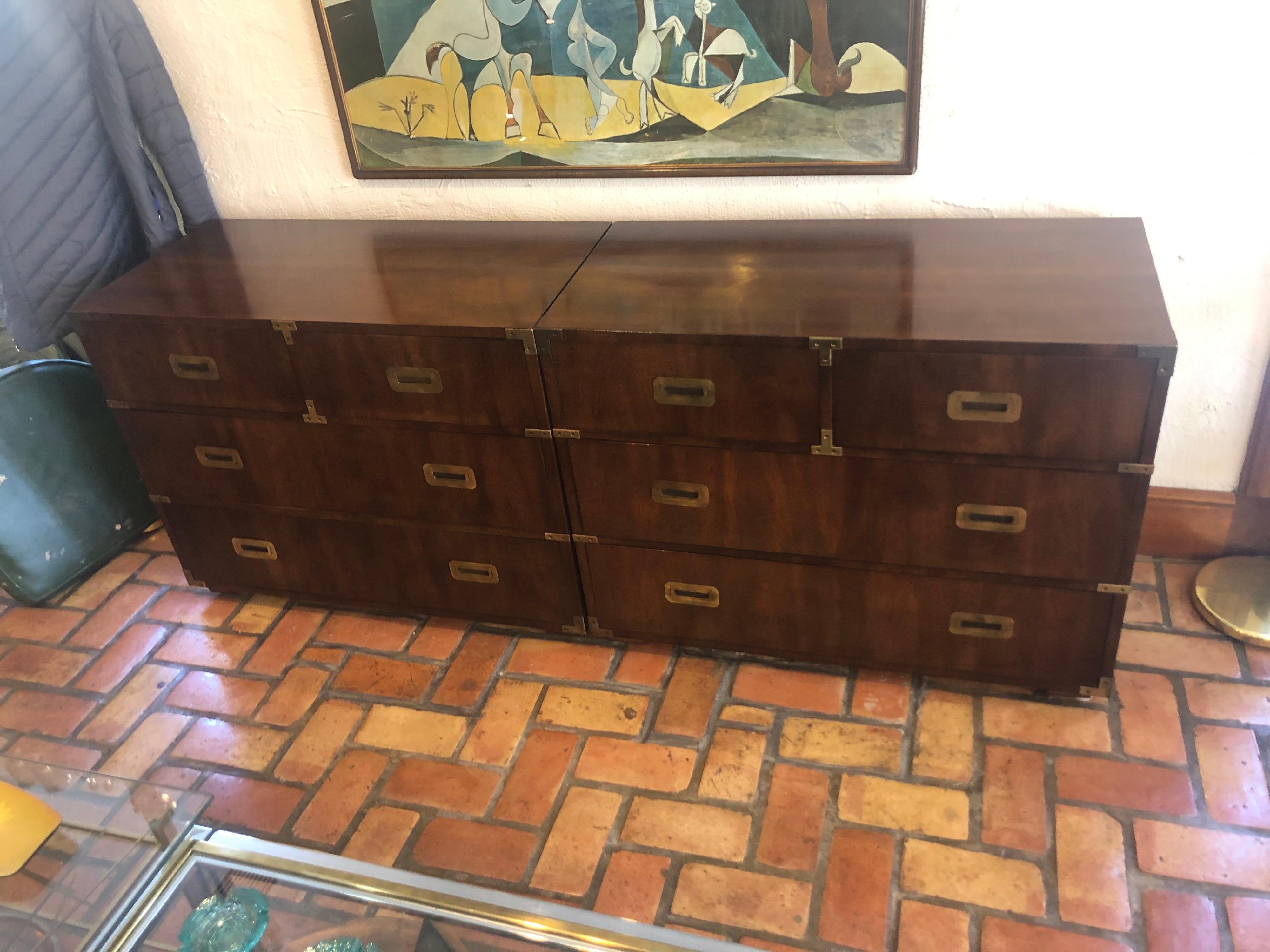 Pair of Mid Century Modern Campaign Dressers by Henredon In Good Condition In Redding, CT