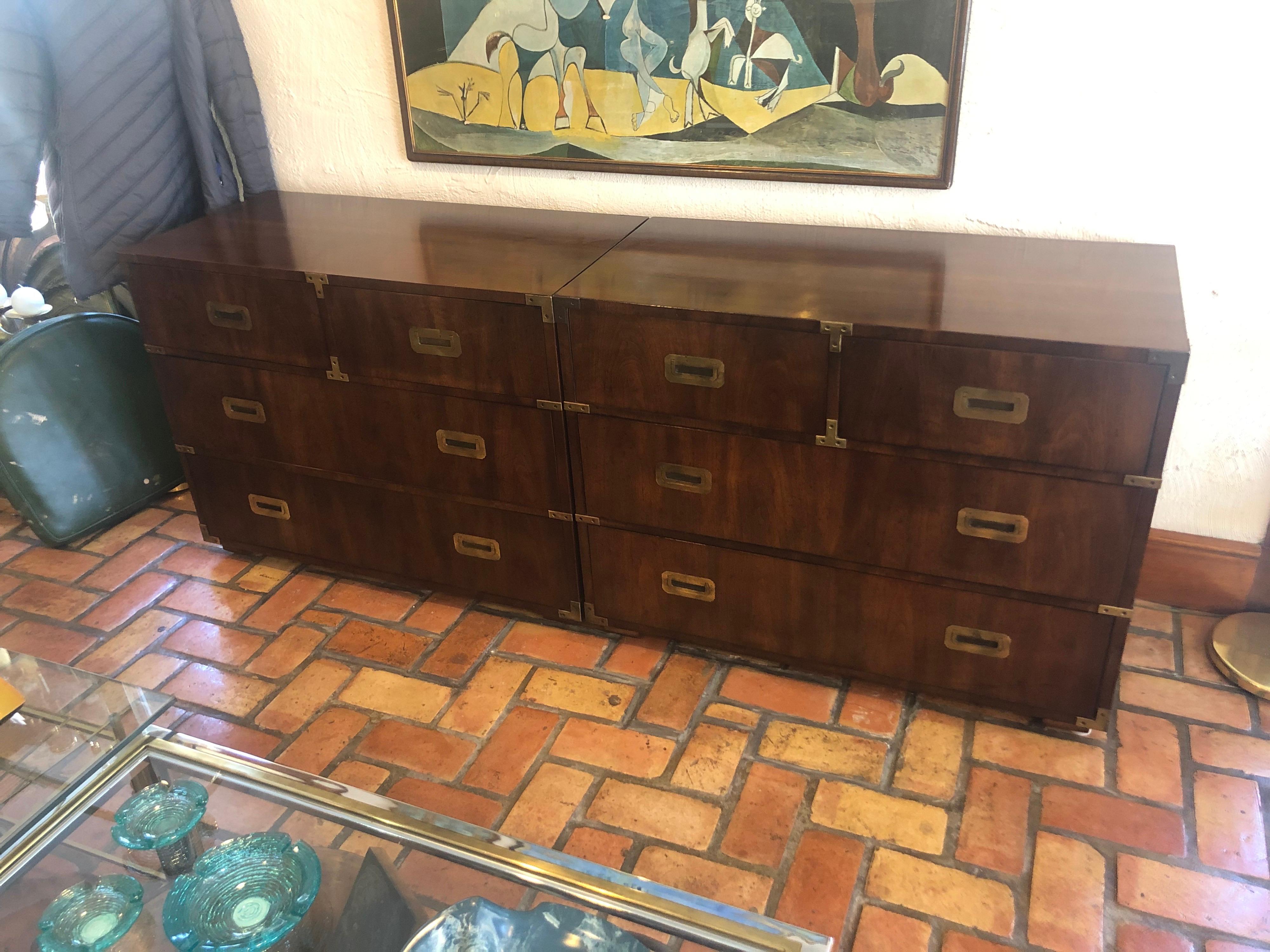 Late 20th Century Pair of Mid Century Modern Campaign Dressers by Henredon
