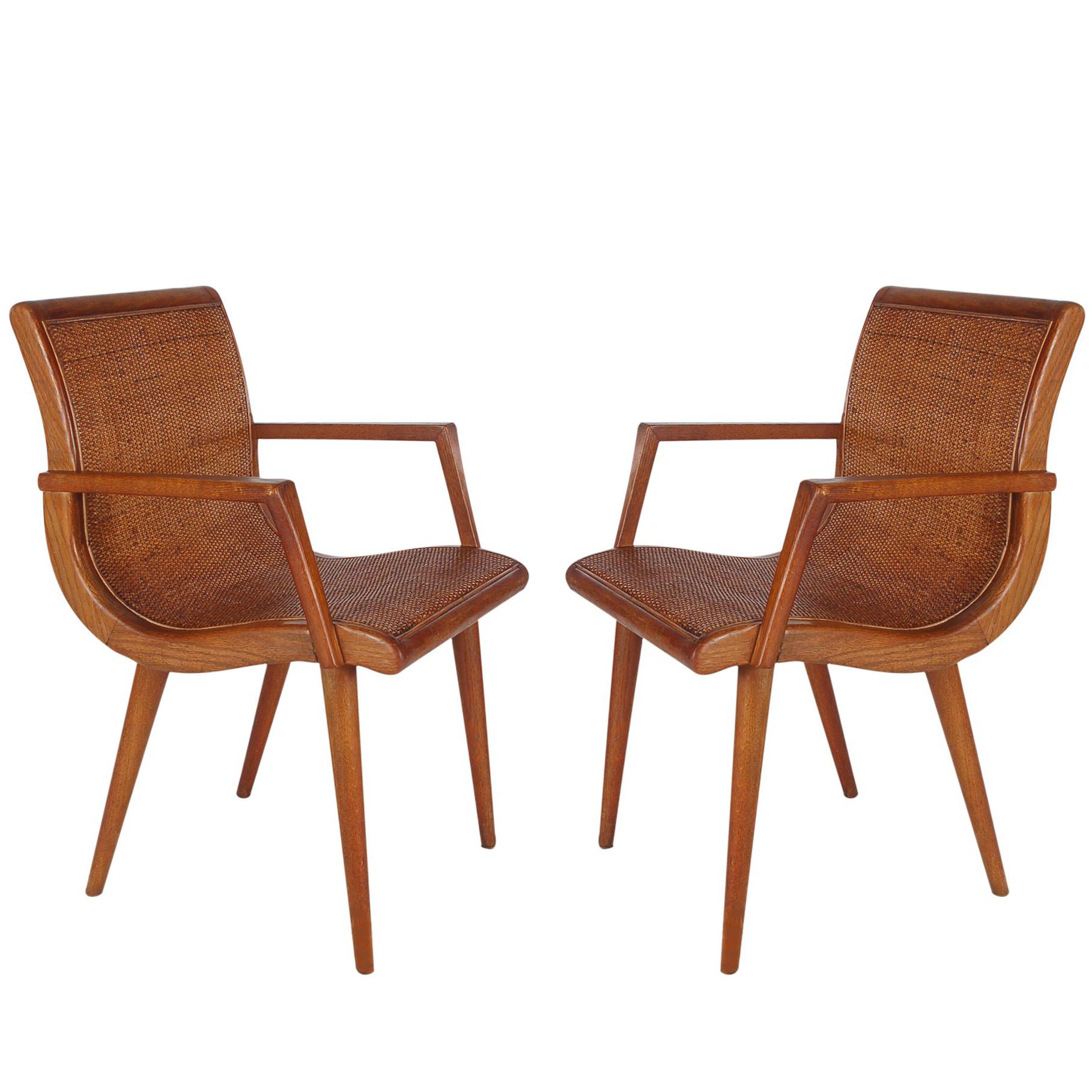 Pair of Mid-Century Modern Cane and Oak Danish Modern Style Armchairs