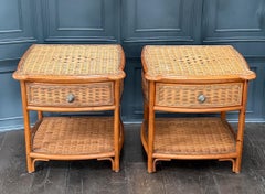 Pair Of Mid Century Modern Cane And Rattan Bedside Tables/Nightstands