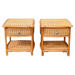Pair Of Mid Century Modern Cane And Rattan Bedside Tables/Nightstands