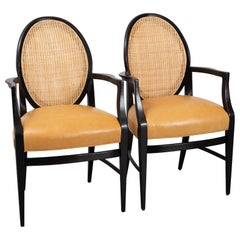 Pair of Mid-Century Modern Cane Back Armchairs with Leather Seats