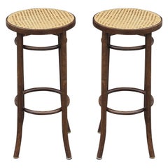 Pair of Mid-Century Modern Cane Top Barstools by Thonet Bentwood