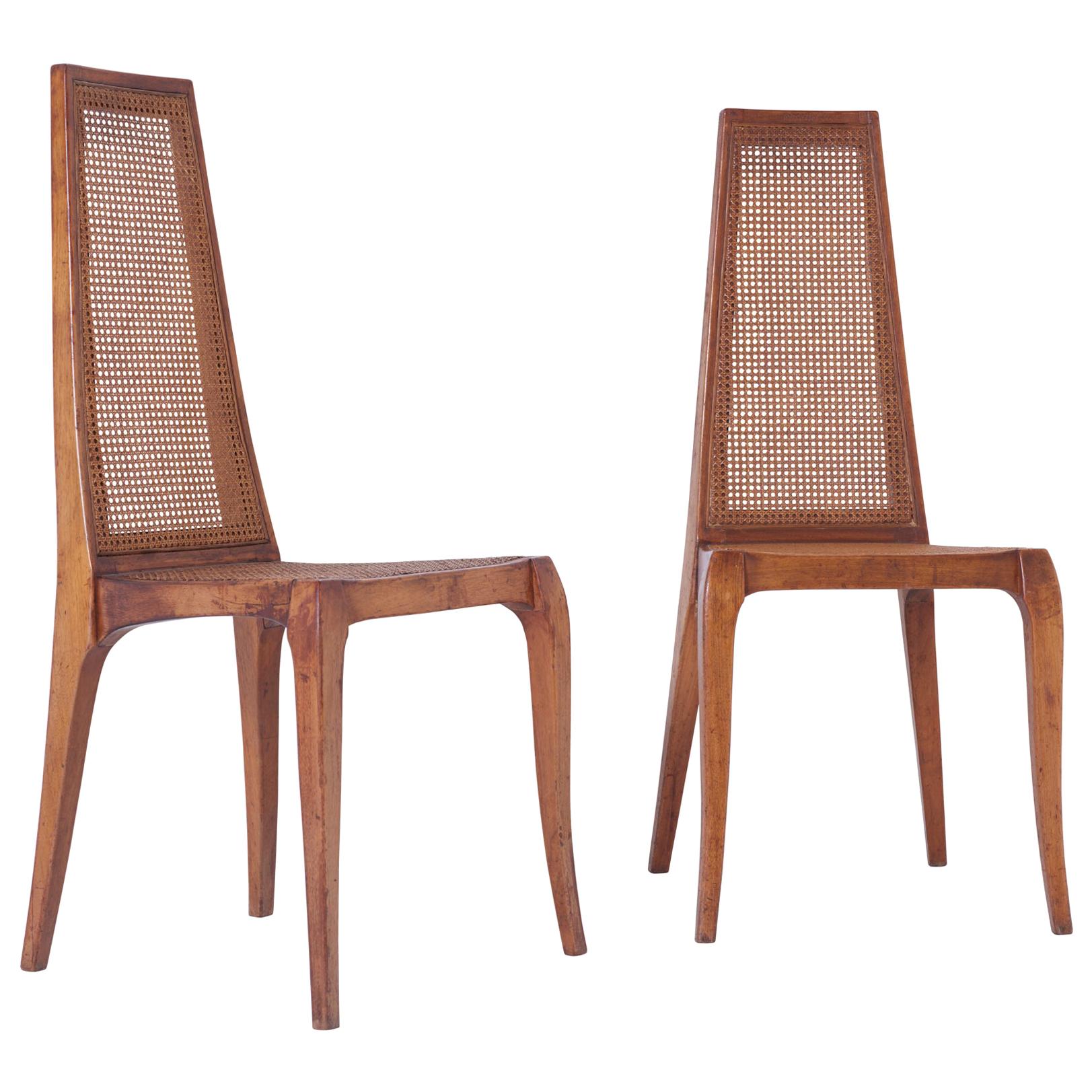 Pair of Mid-Century Modern Caned Chairs in Walnut, circa 1960