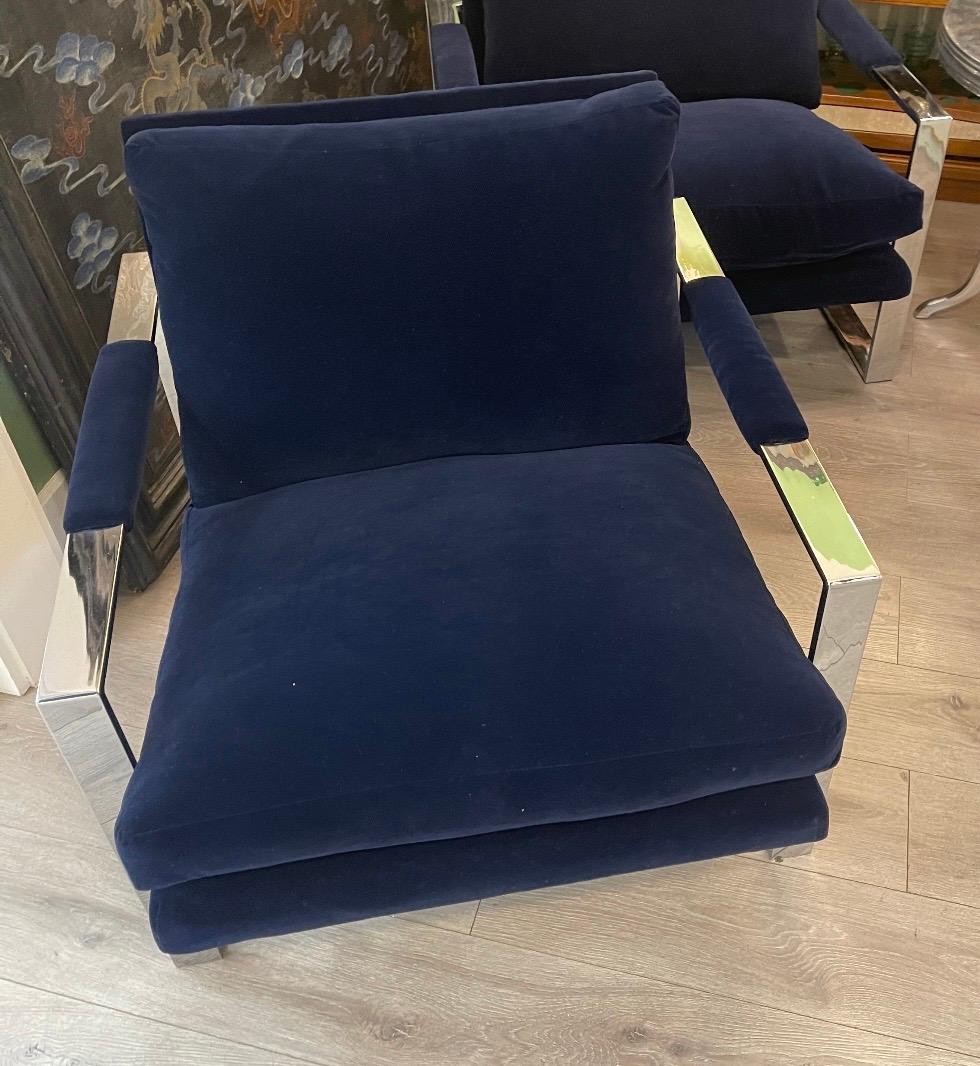 American Pair of Mid-Century Modern Cantilever Chairs with Newer Navy Blue Velvet Fabric