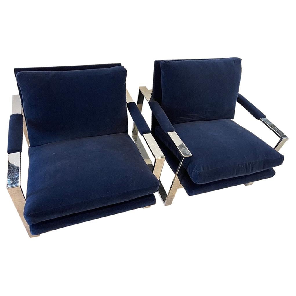 Pair of Mid-Century Modern Cantilever Chairs with Newer Navy Blue Velvet Fabric