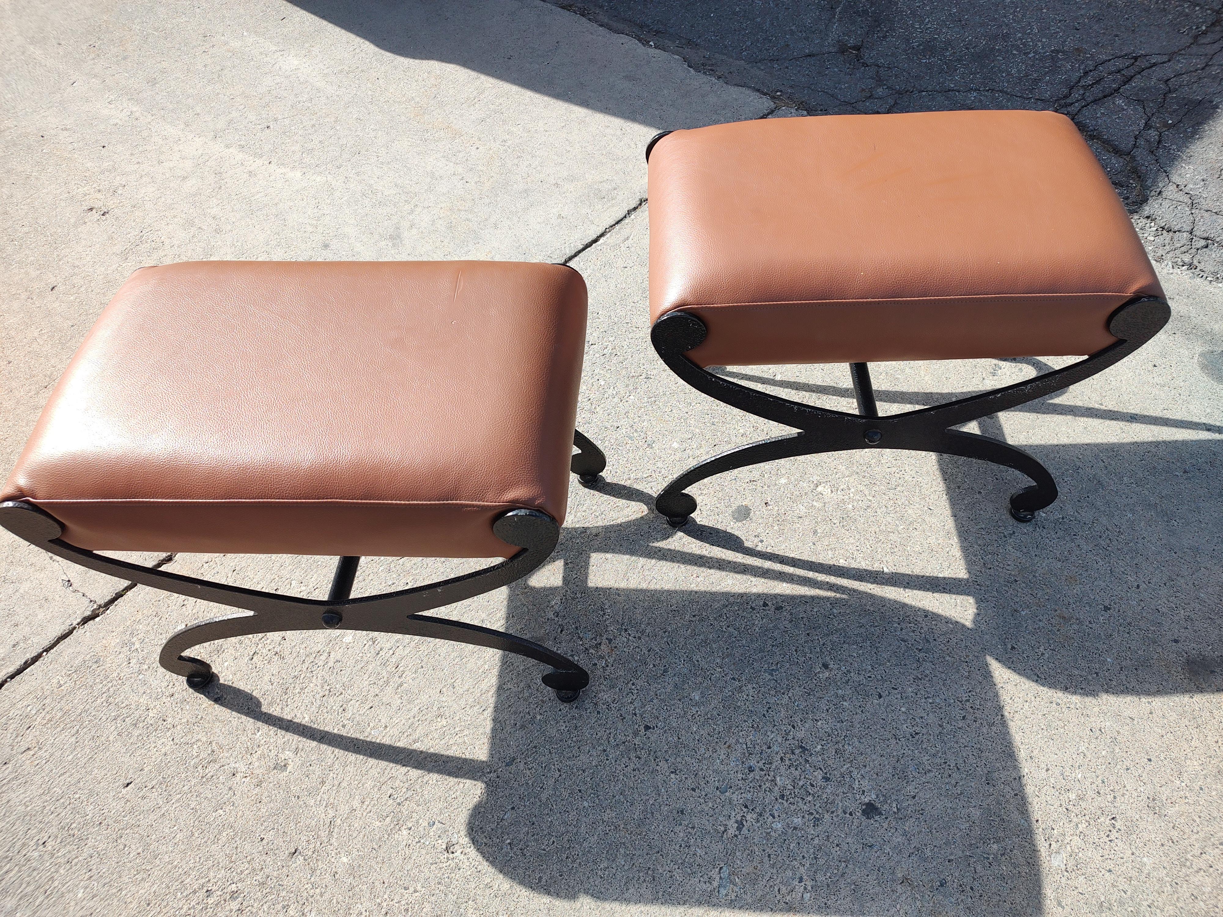 Pair of Mid Century Modern Cast Iron with Brown Naughahyde Ottomans  For Sale 4