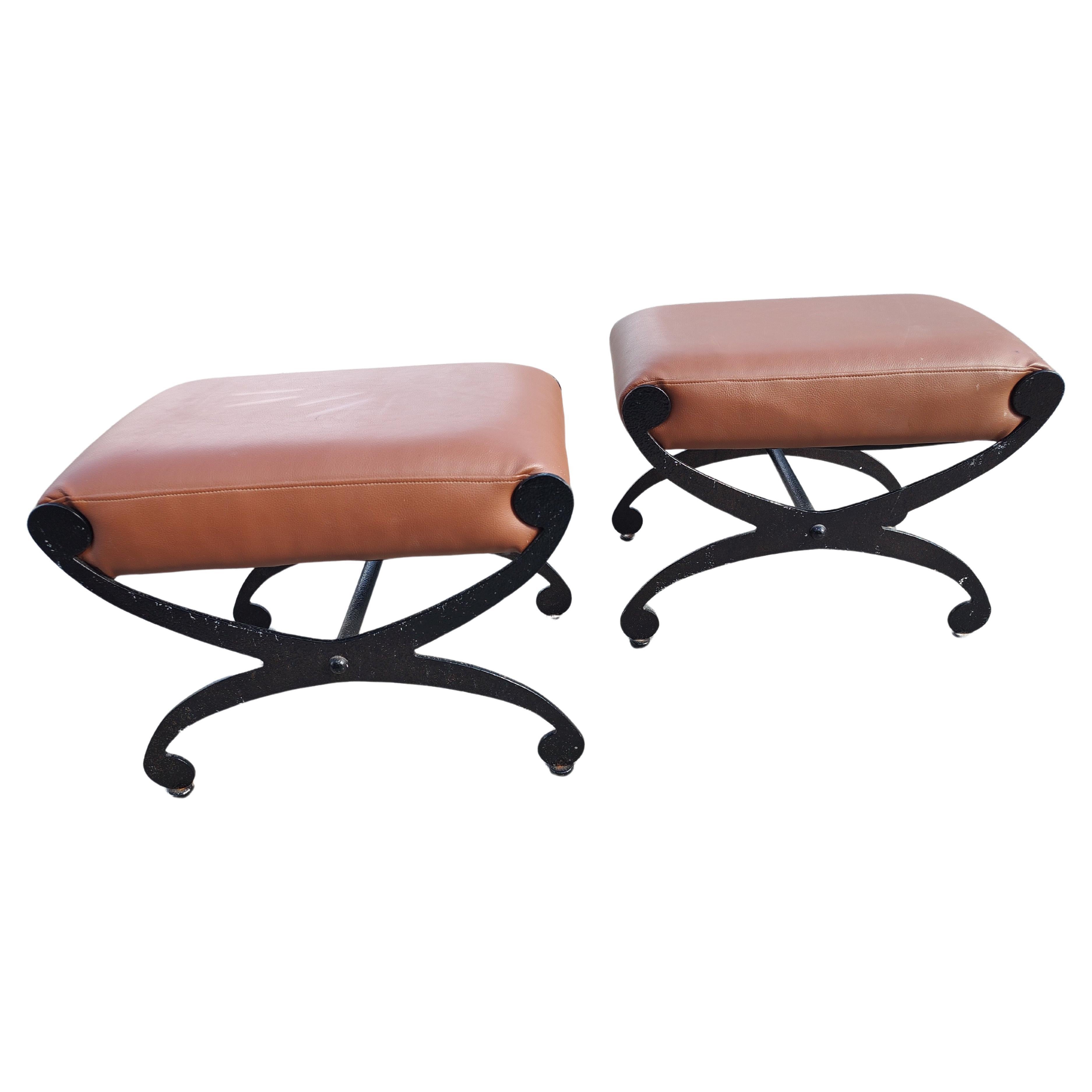 Late 20th Century Pair of Mid Century Modern Cast Iron with Brown Naughahyde Ottomans  For Sale