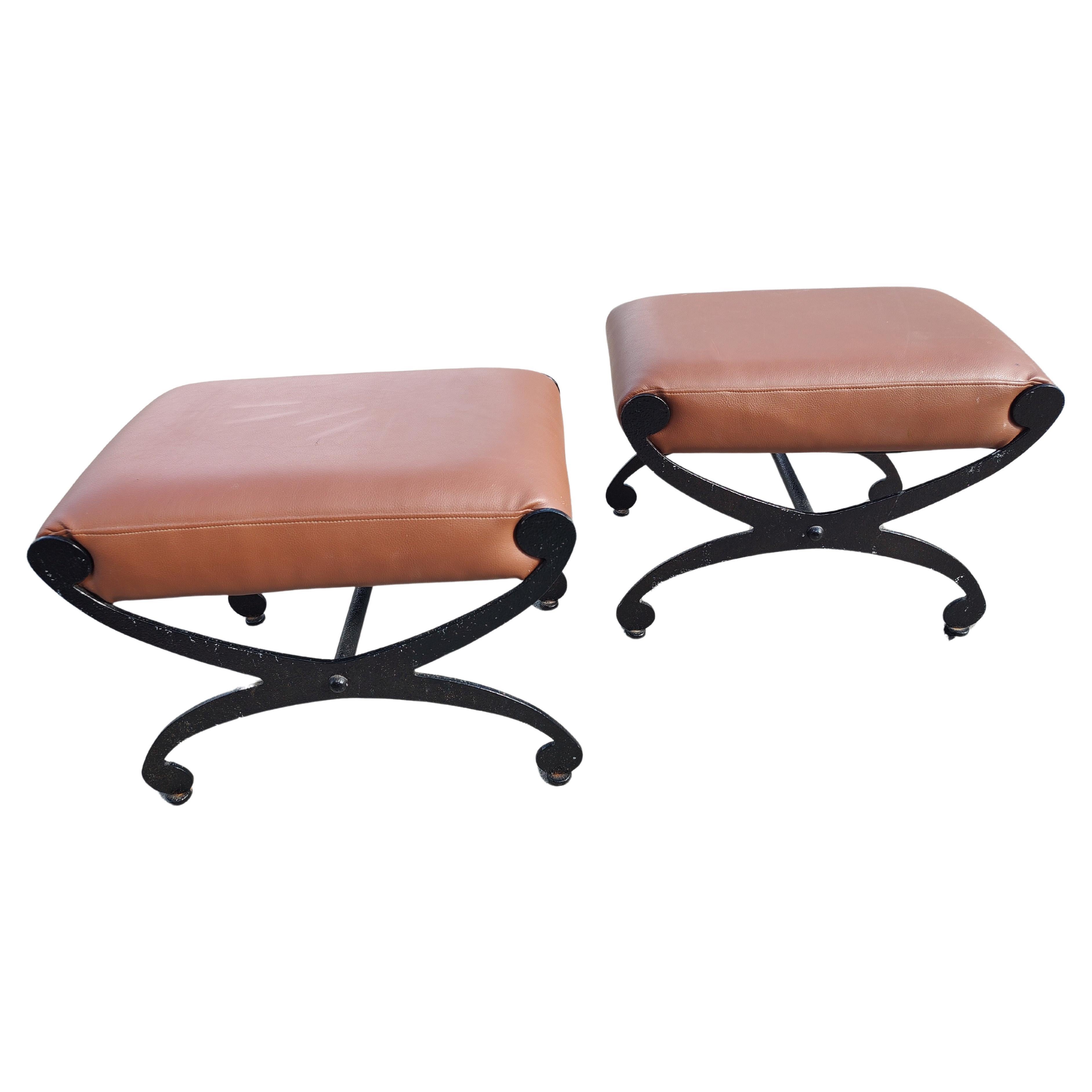 Pair of Mid Century Modern Cast Iron with Brown Naughahyde Ottomans  For Sale 1