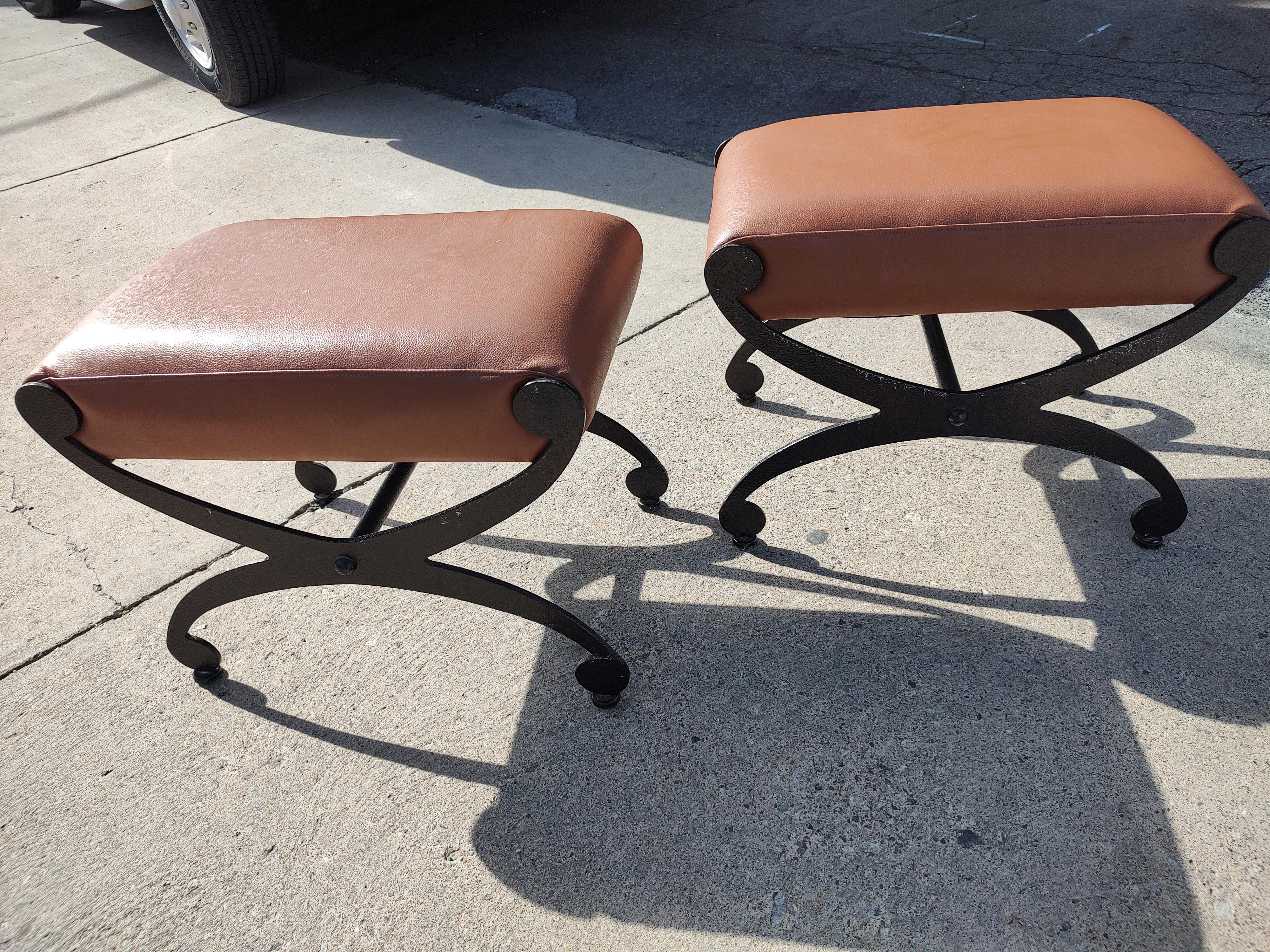 Pair of Mid Century Modern Cast Iron with Brown Naughahyde Ottomans  For Sale 3