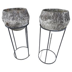Pair of Mid-Century Modern Cast Stone Planters with Bronze Stands