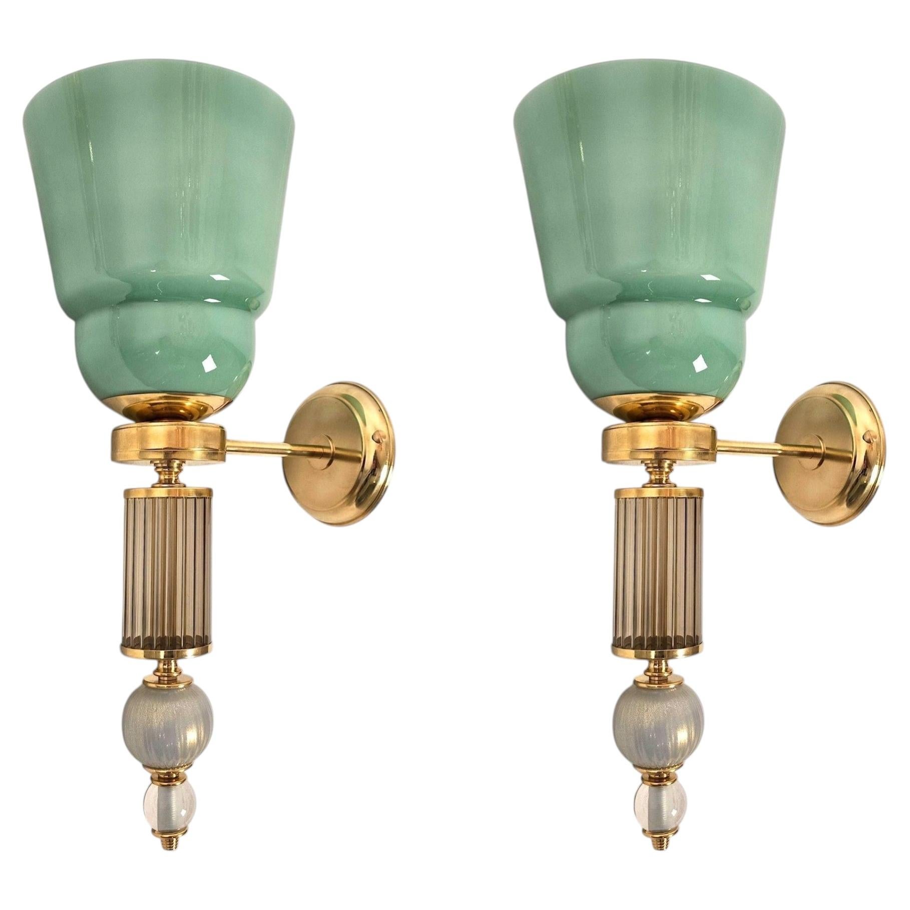 Pair of mid century modern, celadon green Murano glass sconces