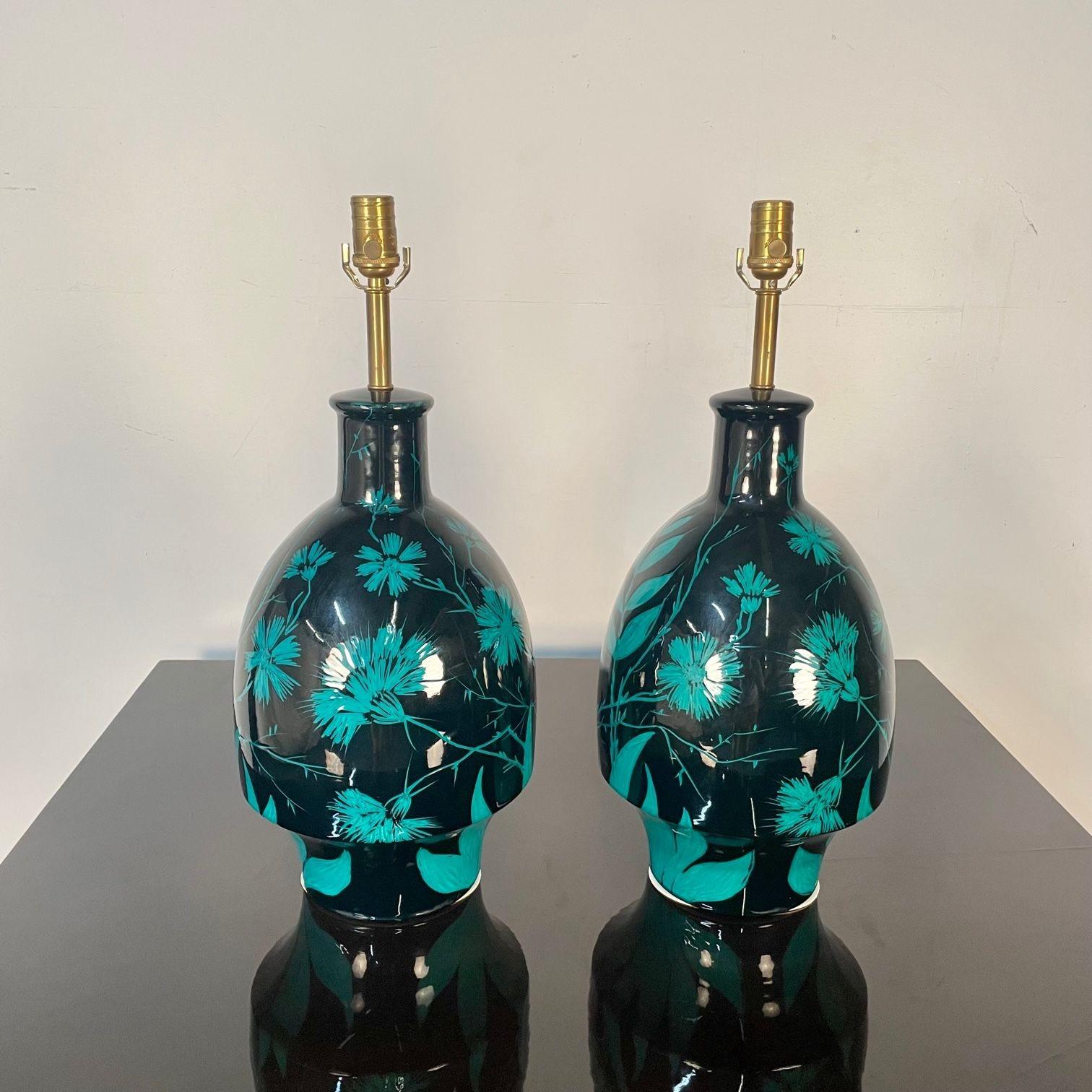 Pair of Mid-Century Modern Ceramic Floral Motif Table Lamps, Green and Blue
 
Blue and green glazed floral table or desk lamps.
 
Ceramic
United States, 2000s
 
24.5 H x 10 Diameter