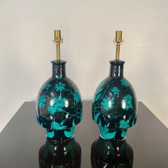 Pair of Mid-Century Modern Ceramic Floral Motif Table Lamps, Green and Blue