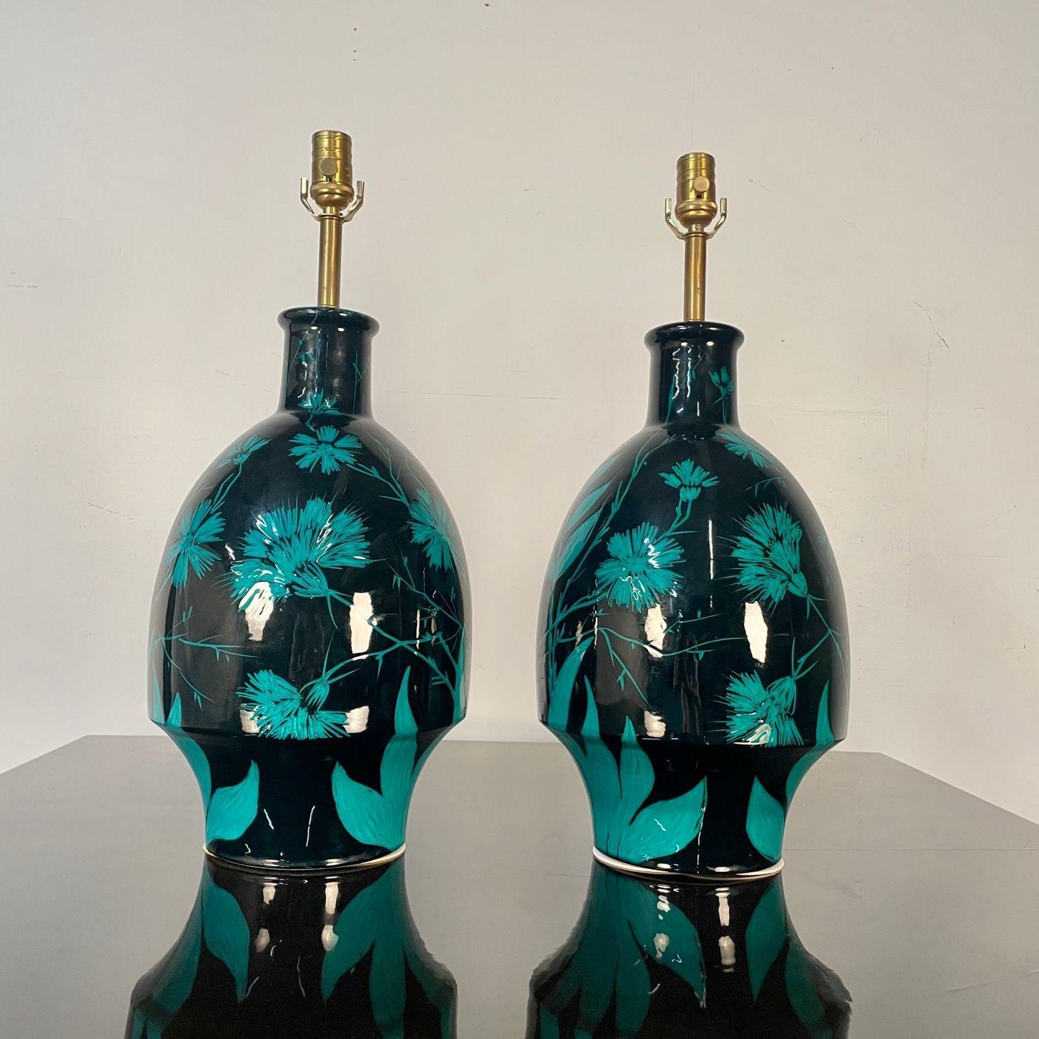American Pair of Mid-Century Modern Ceramic Floral Motif Table Lamps, Green and Blue For Sale