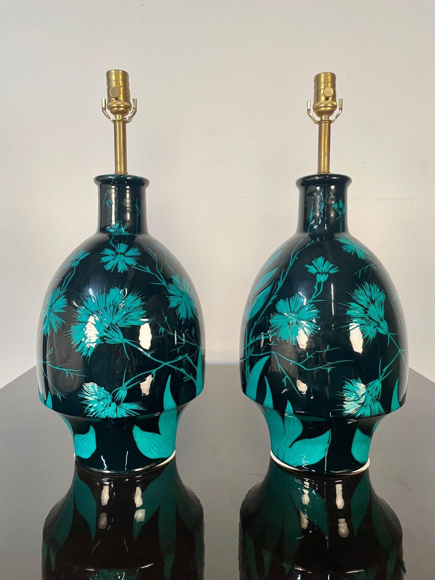 Pair of Mid-Century Modern Ceramic Floral Motif Table Lamps, Green and Blue In Good Condition For Sale In Stamford, CT