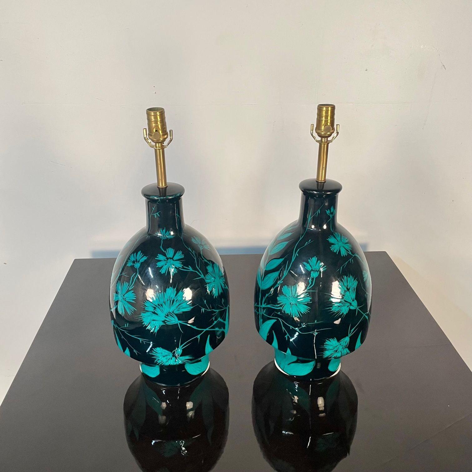 Contemporary Pair of Mid-Century Modern Ceramic Floral Motif Table Lamps, Green and Blue For Sale
