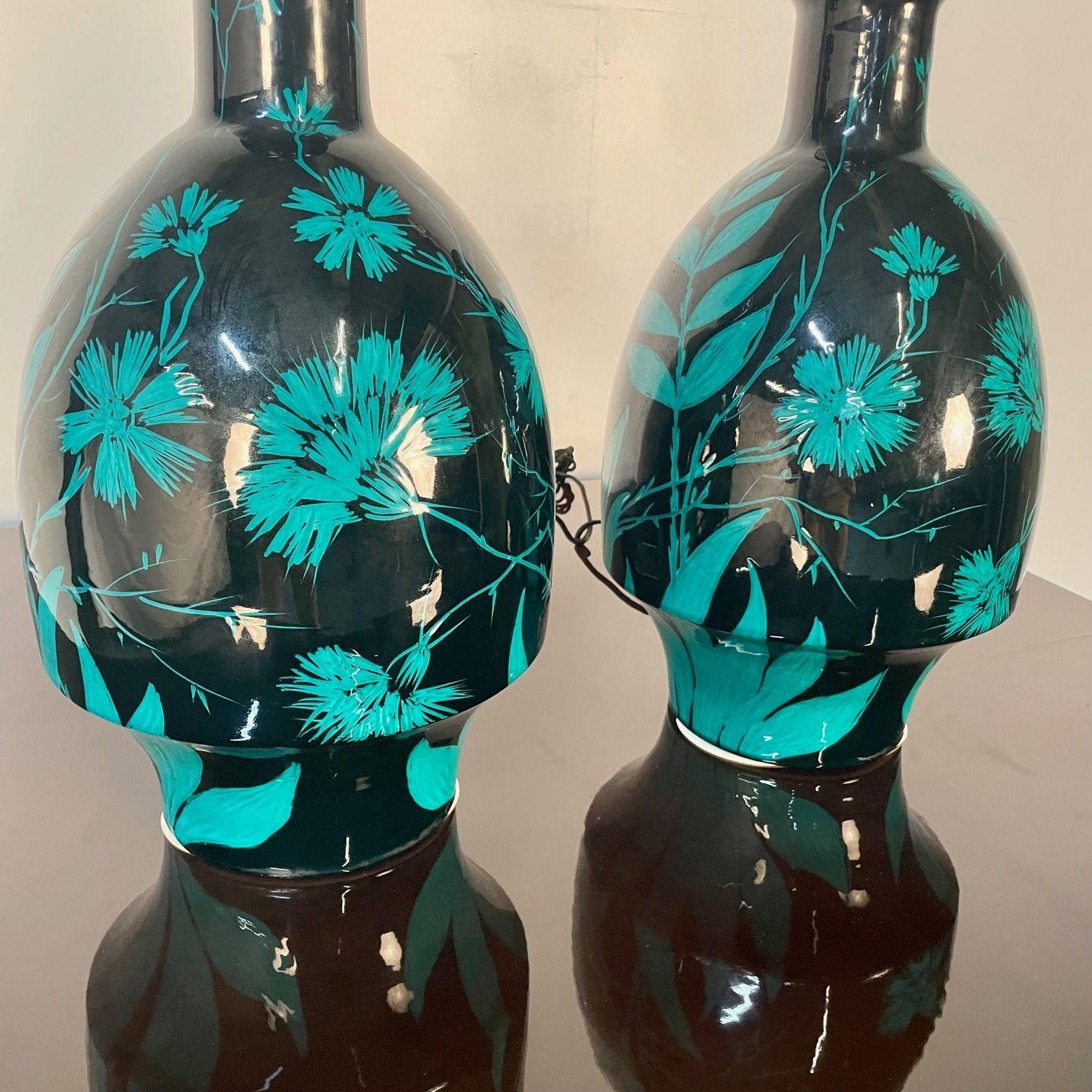 Pair of Mid-Century Modern Ceramic Floral Motif Table Lamps, Green and Blue For Sale 1