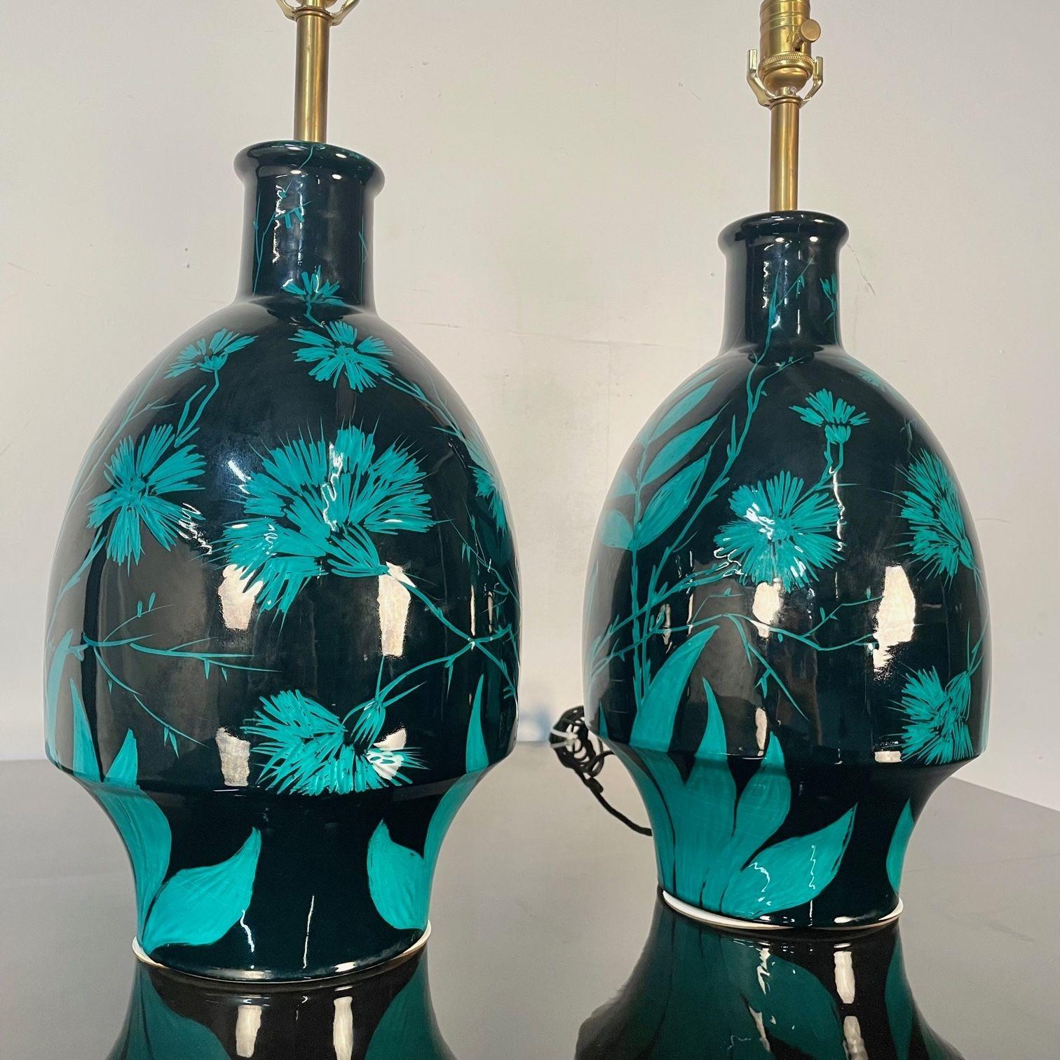 Pair of Mid-Century Modern Ceramic Floral Motif Table Lamps, Green and Blue For Sale 3