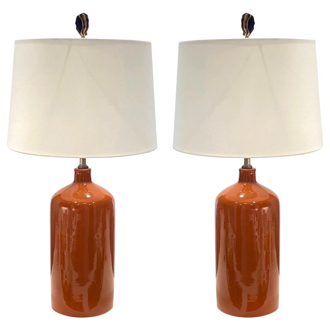 Pair of Mid-Century Modern Ceramic Lamps in Burnt Orange, circa 1970s