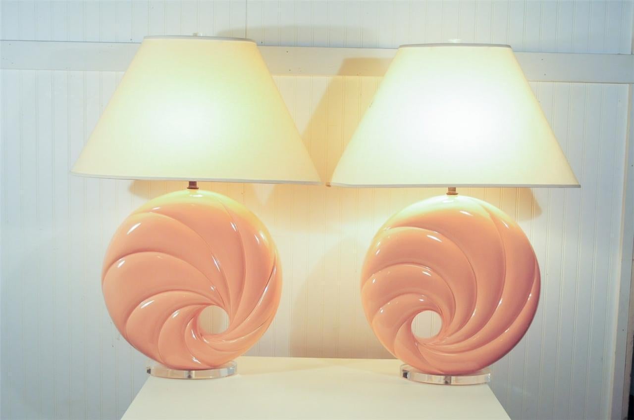 Pair of Mid-Century Modern Ceramic Lucite Table Lamps Karl Springer Marbro Era 8
