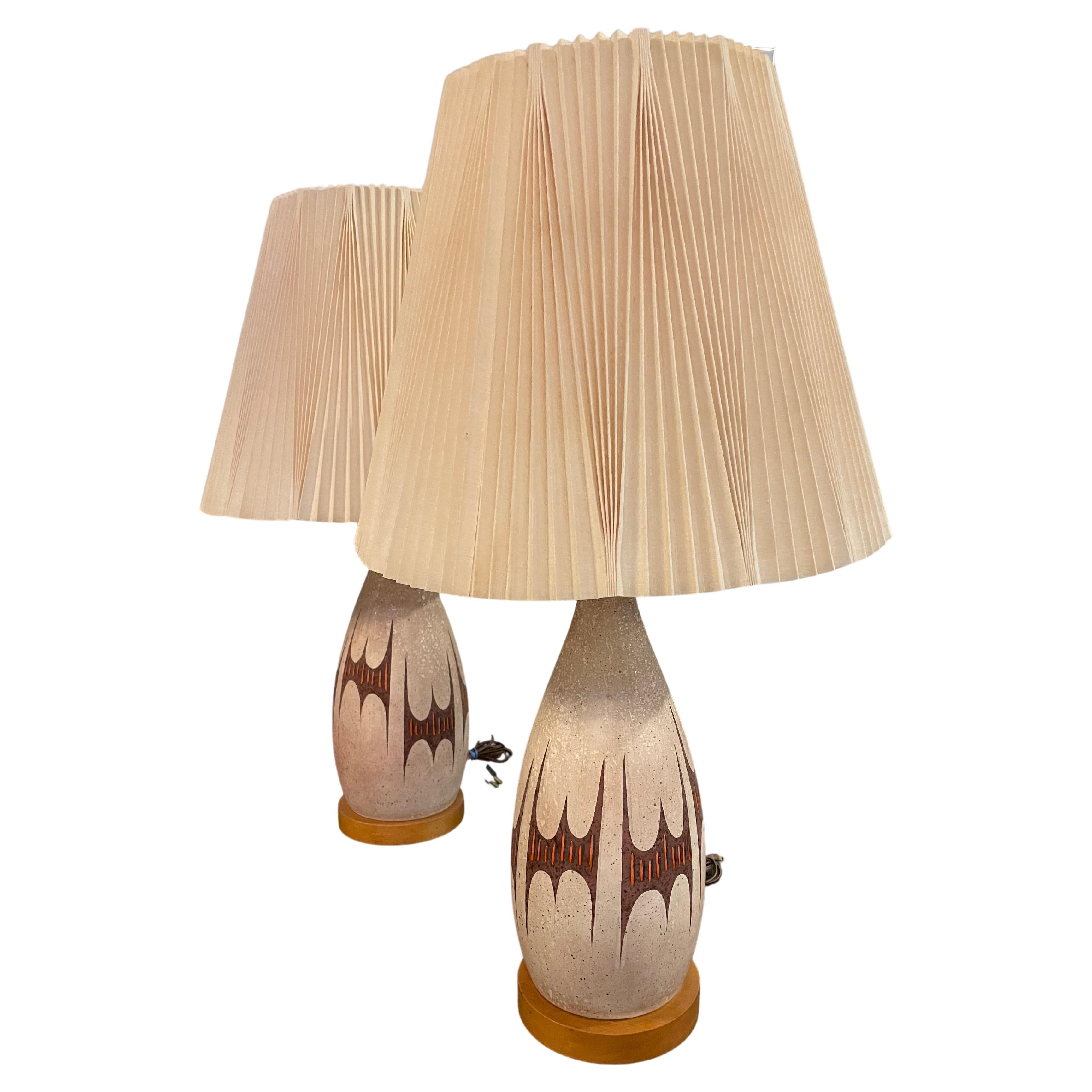 Pair of MidCentury Modern Walnut and Ceramic Lamps at 1stDibs