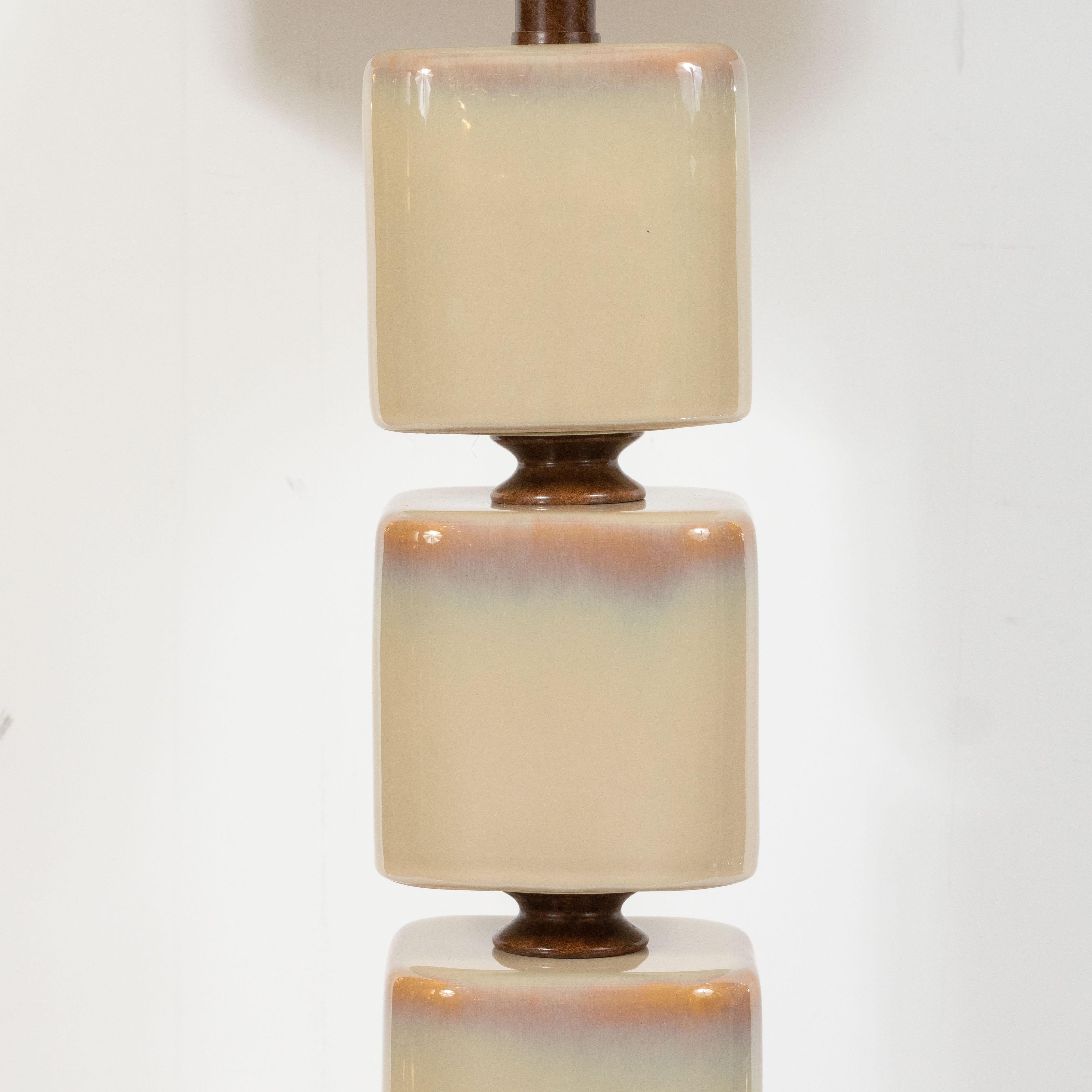 Glazed Pair of Mid-Century Modern Ceramic Pearlescent Cube Table Lamps