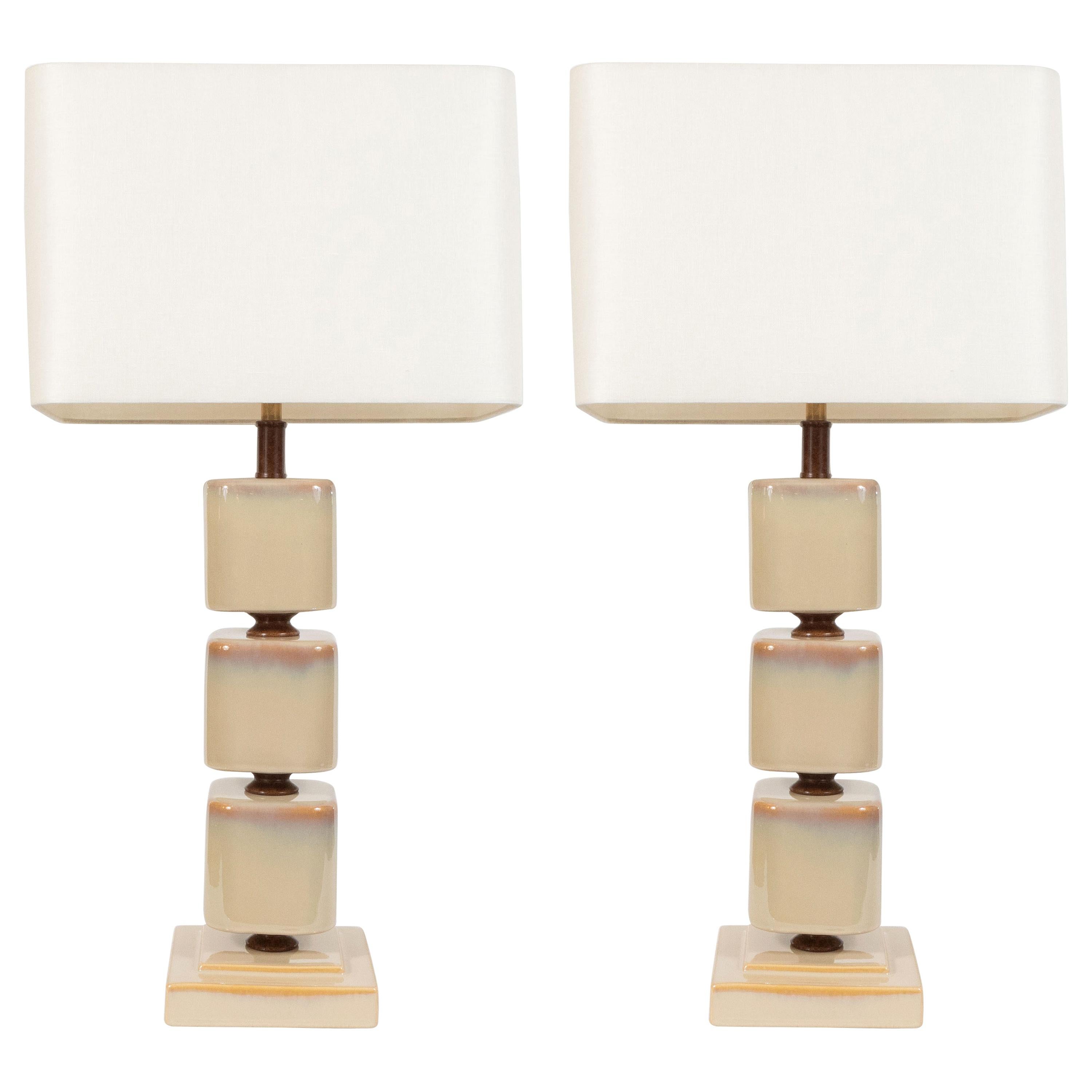 Pair of Mid-Century Modern Ceramic Pearlescent Cube Table Lamps