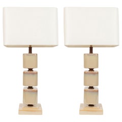 Pair of Mid-Century Modern Ceramic Pearlescent Cube Table Lamps