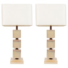 Pair of Mid-Century Modern Ceramic Pearlescent Cube Table Lamps