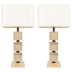 Pair of Mid-Century Modern Ceramic Pearlescent Cube Table Lamps