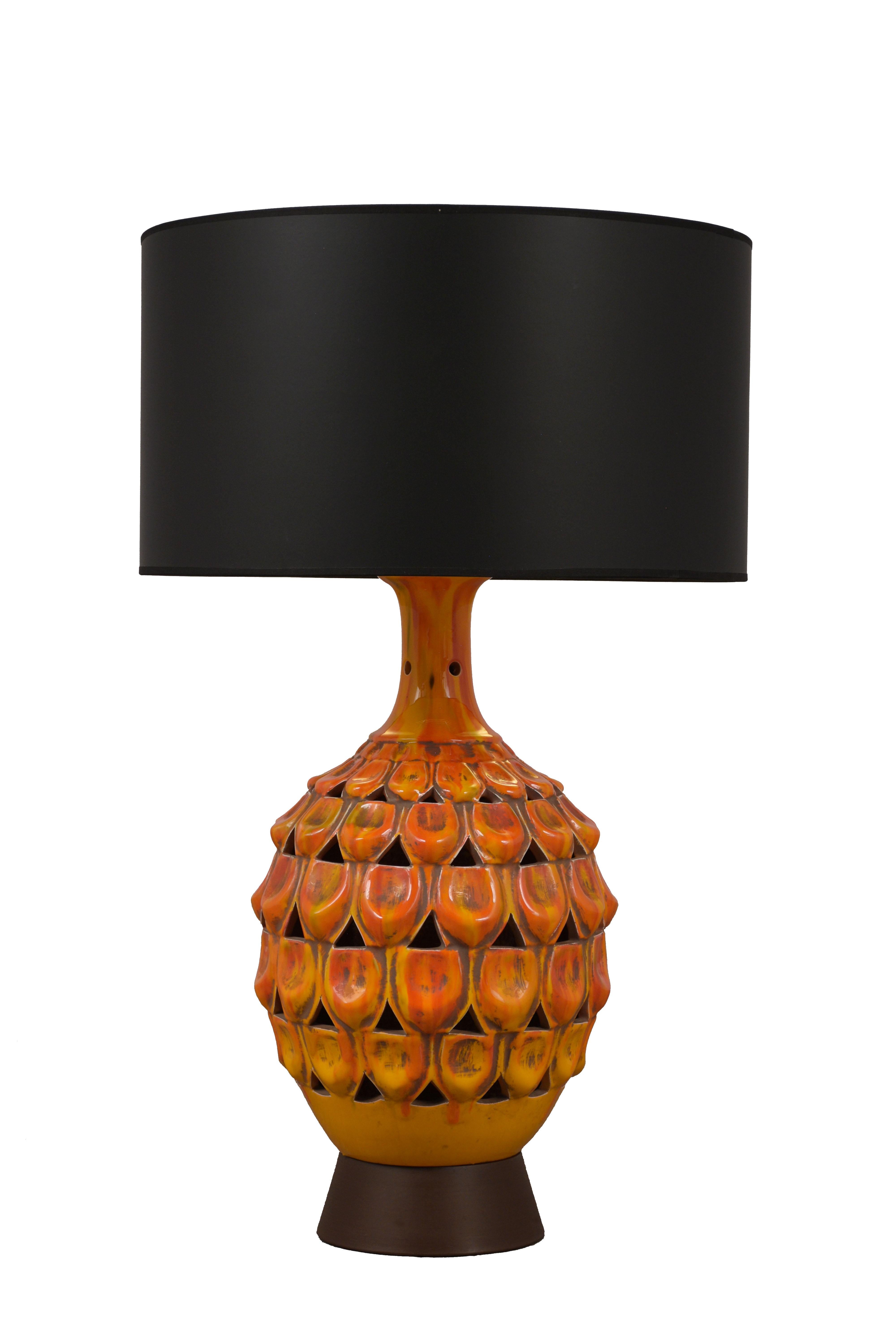 Carved Pair of Mid-Century Modern Ceramic Table Lamps
