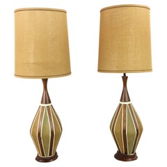 Retro Pair of Mid Century Modern Ceramic Table Lamps with Barrel Shade