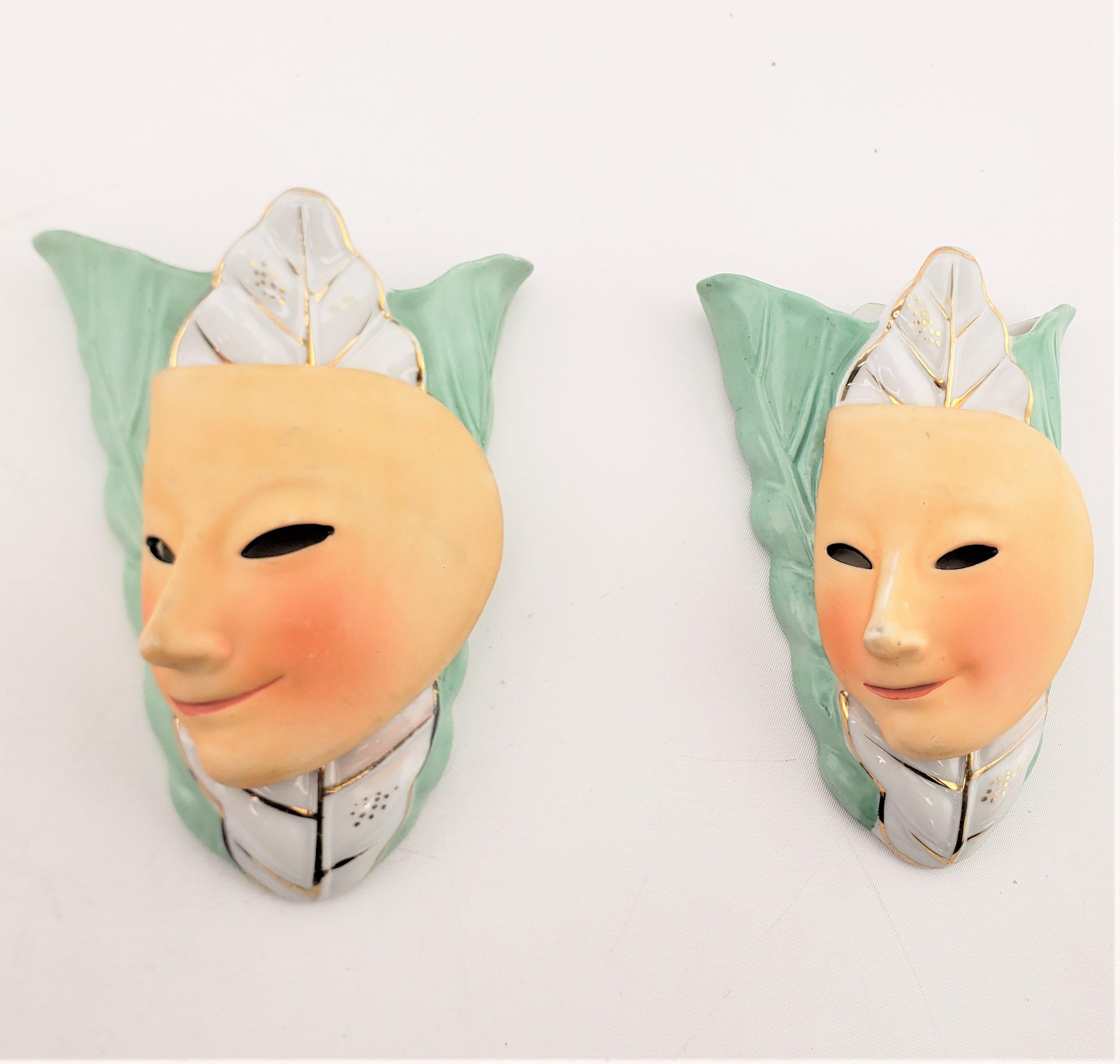 Japanese Pair of Mid-Century Modern Ceramic Wall Pockets with Harlequin Mask Alien Faces For Sale