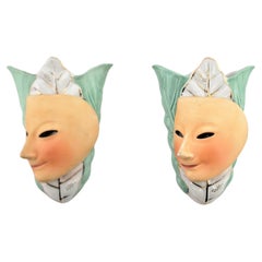 Pair of Mid-Century Modern Ceramic Wall Pockets with Harlequin Mask Alien Faces