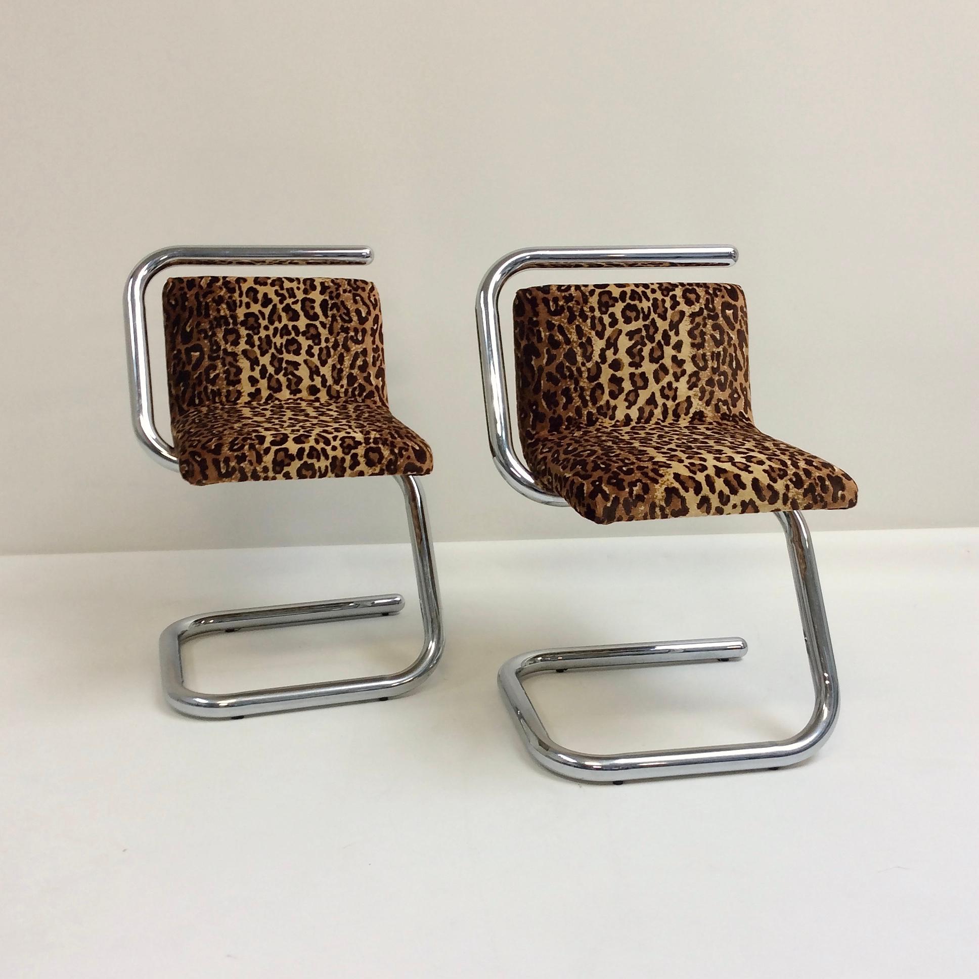 Pair of Mid-Century Modern Chairs, Chrome & Leopard Fabric, circa 1970, Italy 10