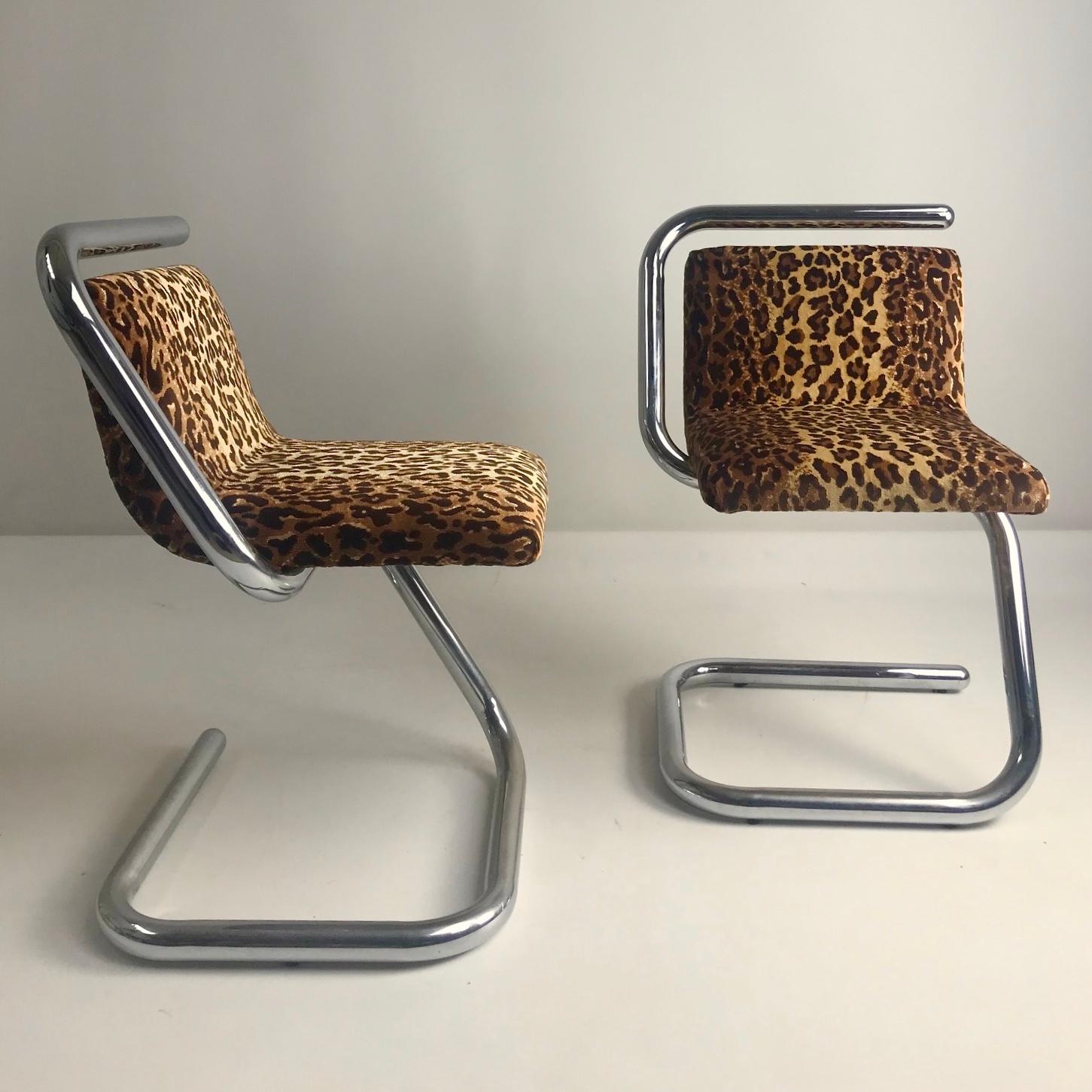 Late 20th Century Pair of Mid-Century Modern Chairs, Chrome & Leopard Fabric, circa 1970, Italy