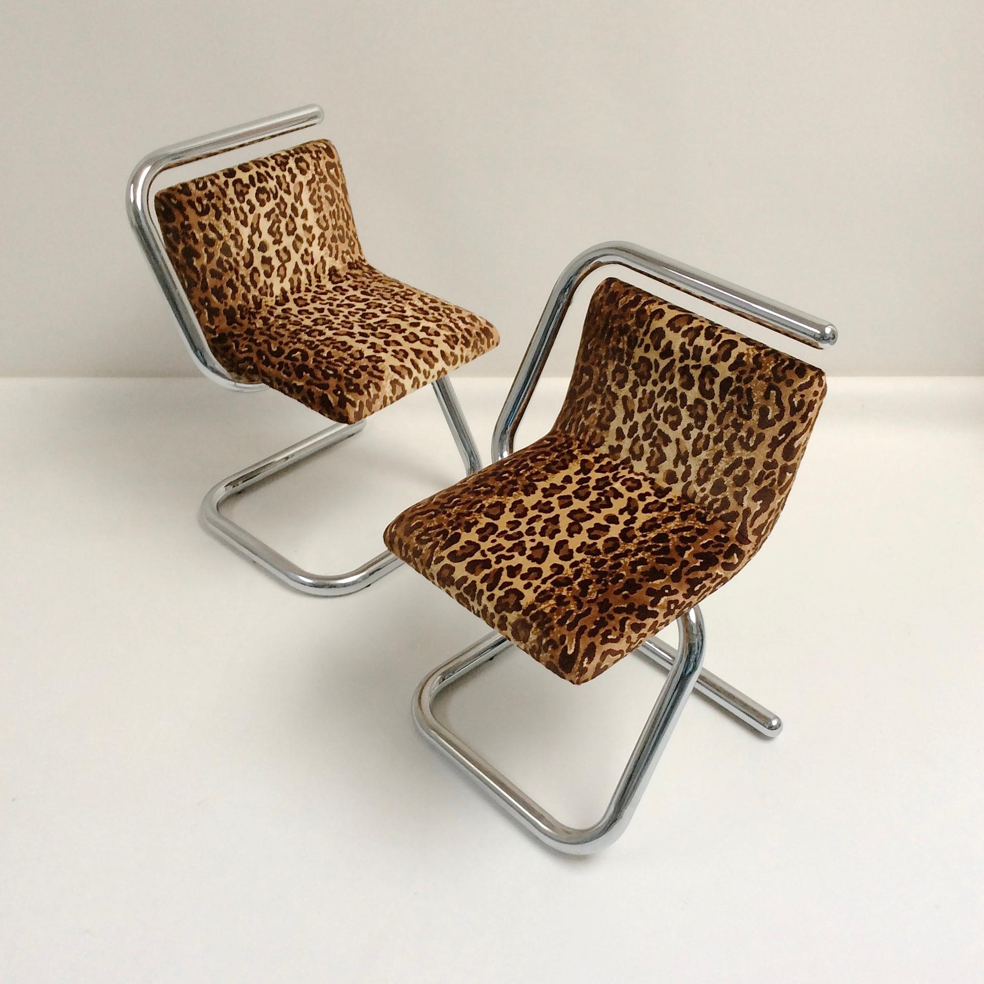 Steel Pair of Mid-Century Modern Chairs, Chrome & Leopard Fabric, circa 1970, Italy