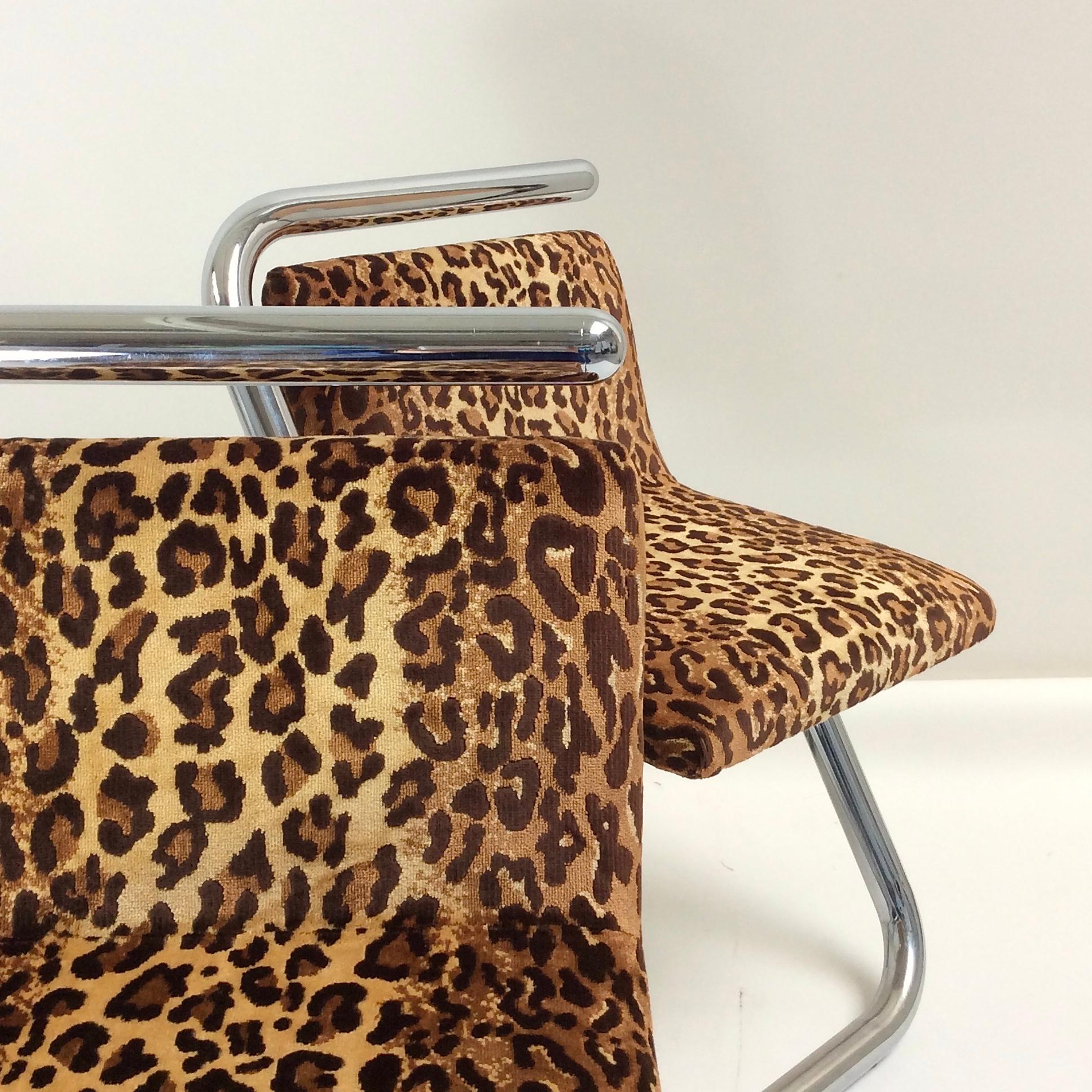 Pair of Mid-Century Modern Chairs, Chrome & Leopard Fabric, circa 1970, Italy 1